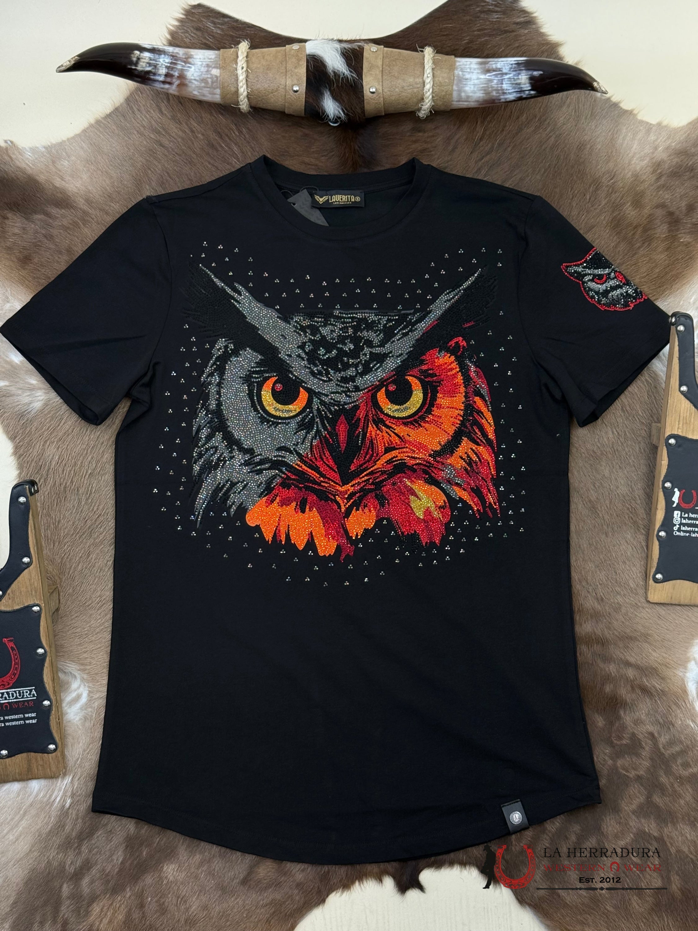 Black Short Sleeve Shirt Owl Red/Orange Sparkles Men ROPA HOMBRES