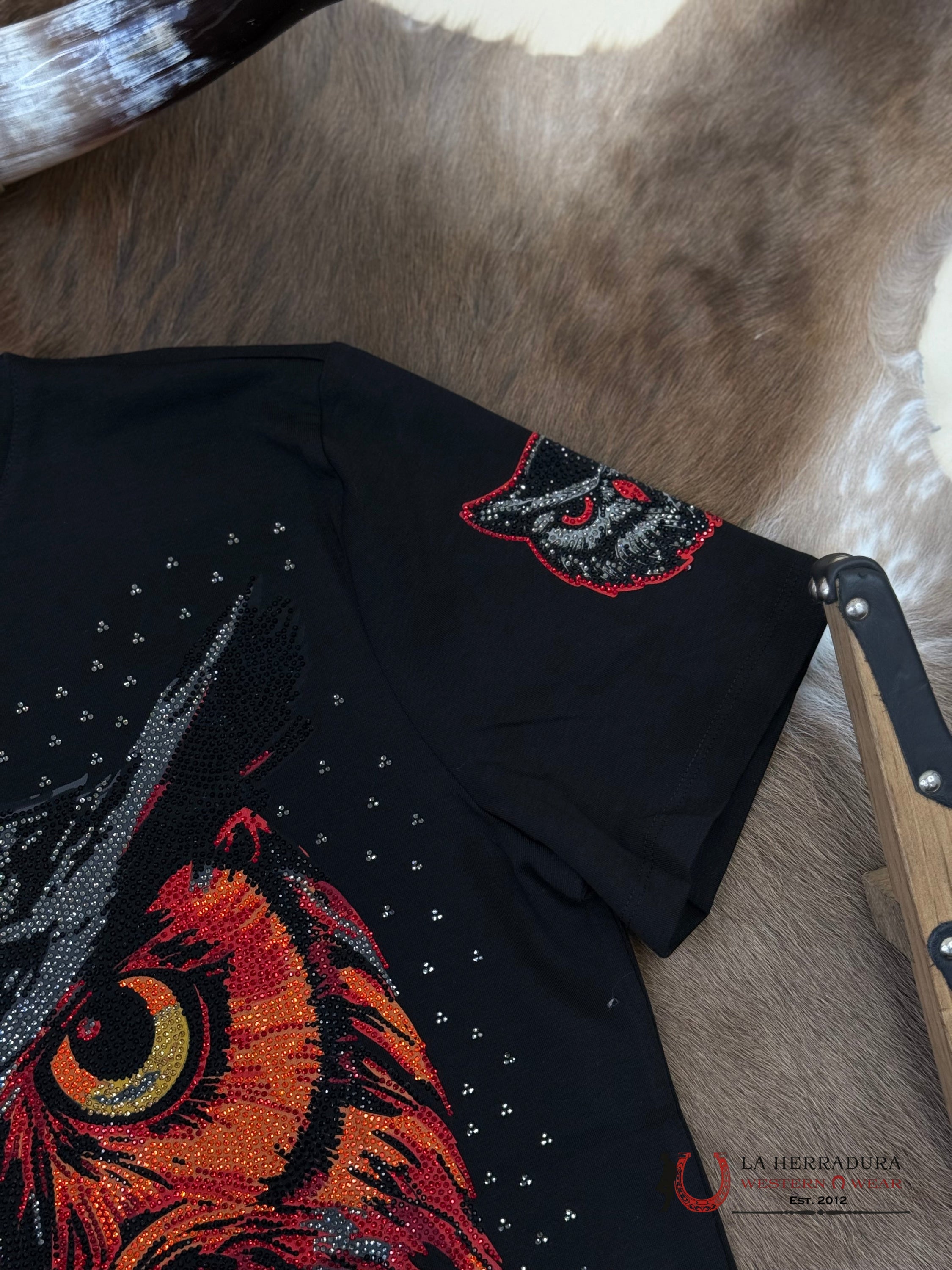 Black Short Sleeve Shirt Owl Red/Orange Sparkles Men ROPA HOMBRES