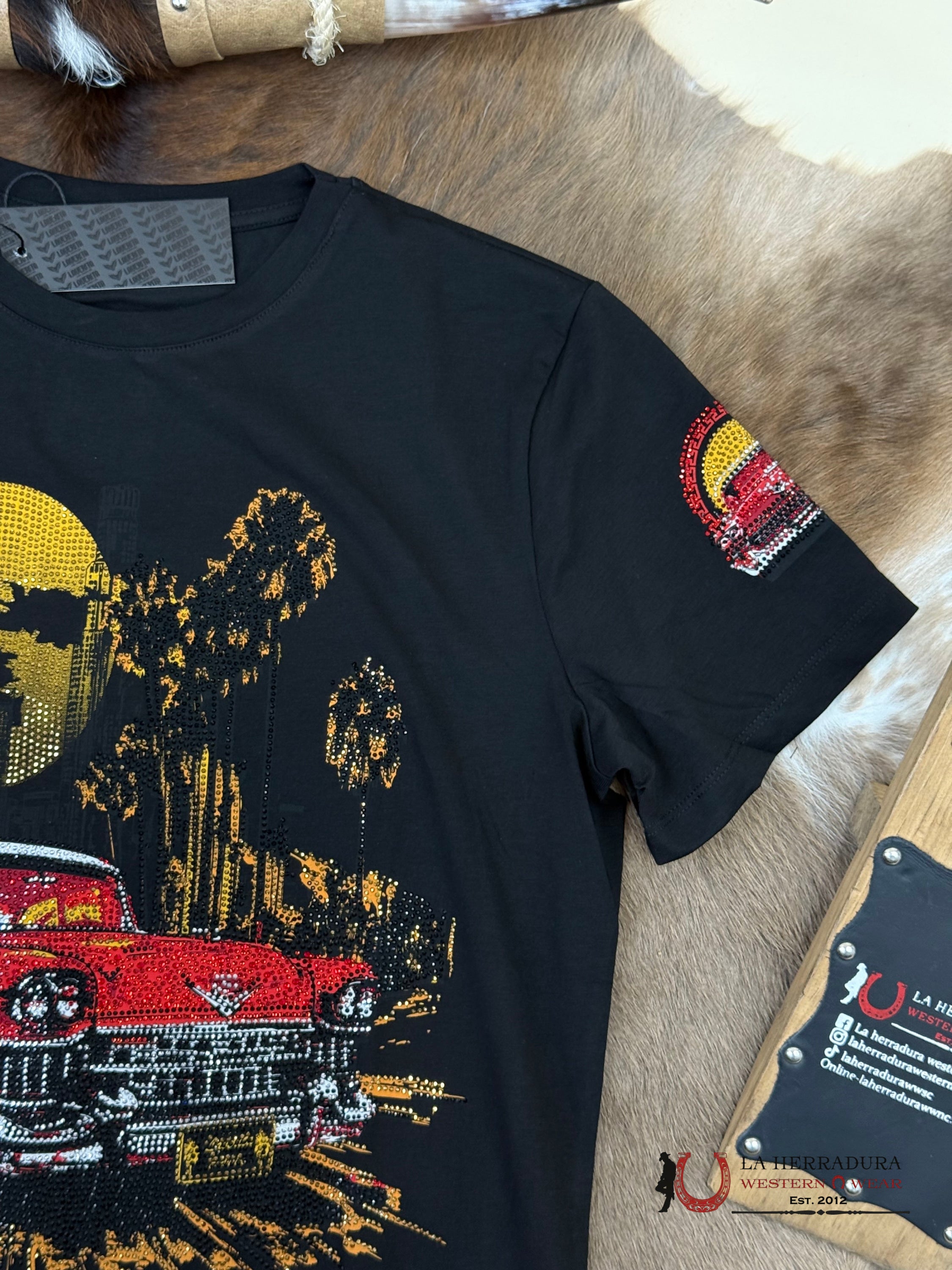 Black Short Sleeve Shirt Sun Set With Sparkles Men ROPA HOMBRES