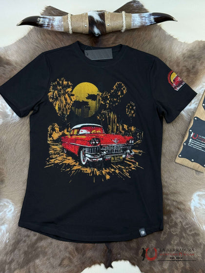 CAMISETA NEGRA MANGA CORTA CON ESTAMPADO PUESTA DE SOL Y LENTEJUELAS PARA HOMBRE