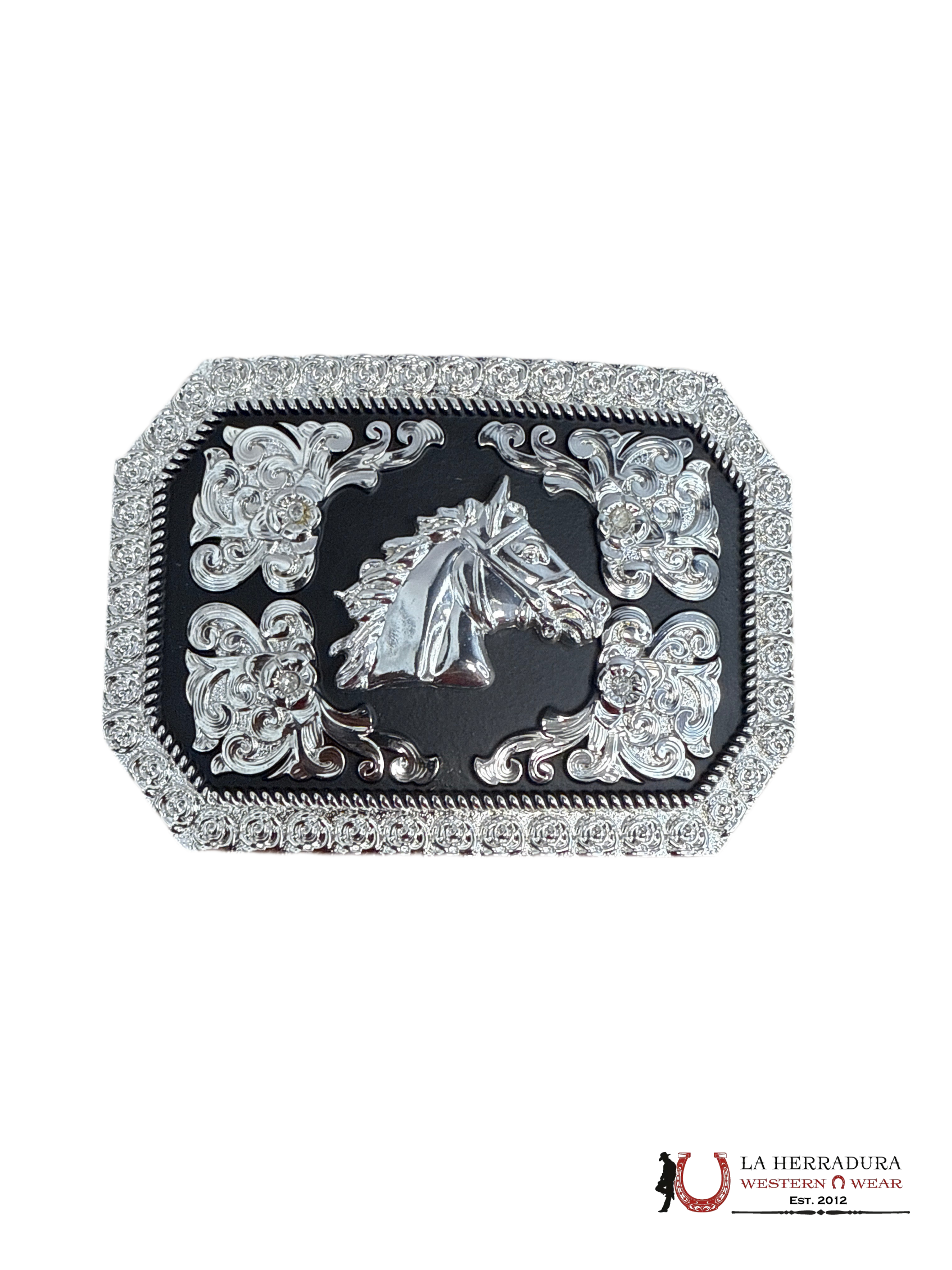 BLACK & SILVER HORSE HEAD SQUARE BUCKLE 24 ACCESORIOS
