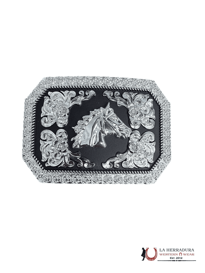BLACK & SILVER HORSE HEAD SQUARE BUCKLE 24