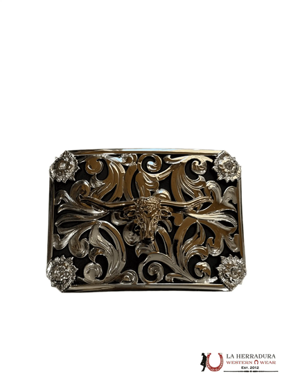 BLACK & SILVER LONG HORN SQUARE BUCKLE