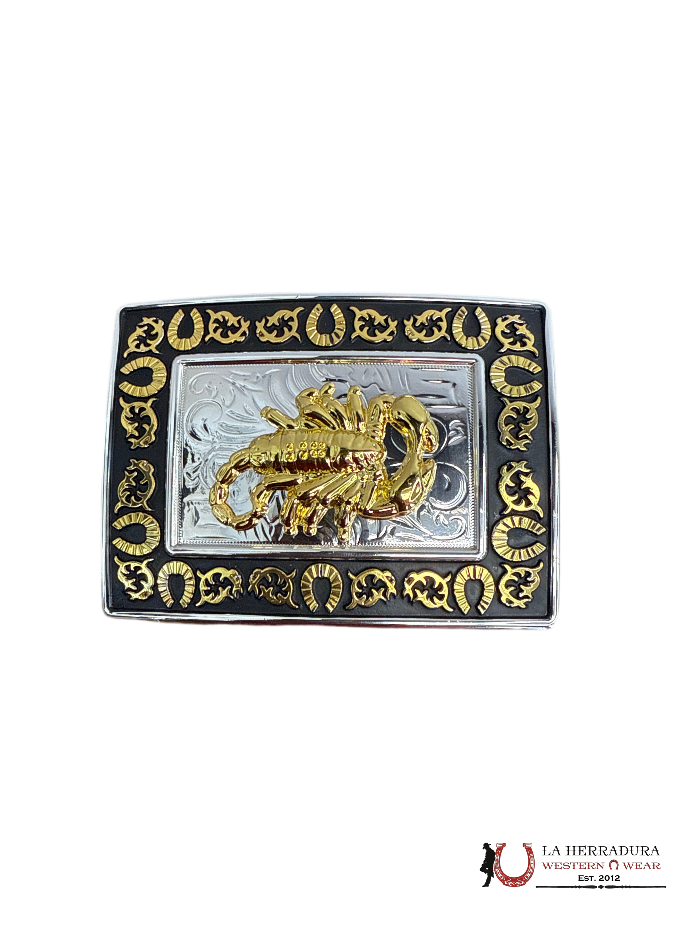 BLACK & SILVER WITH GOLD ALACRAN & HORESHOE SQUARE BUCKLE 17 ACCESORIOS