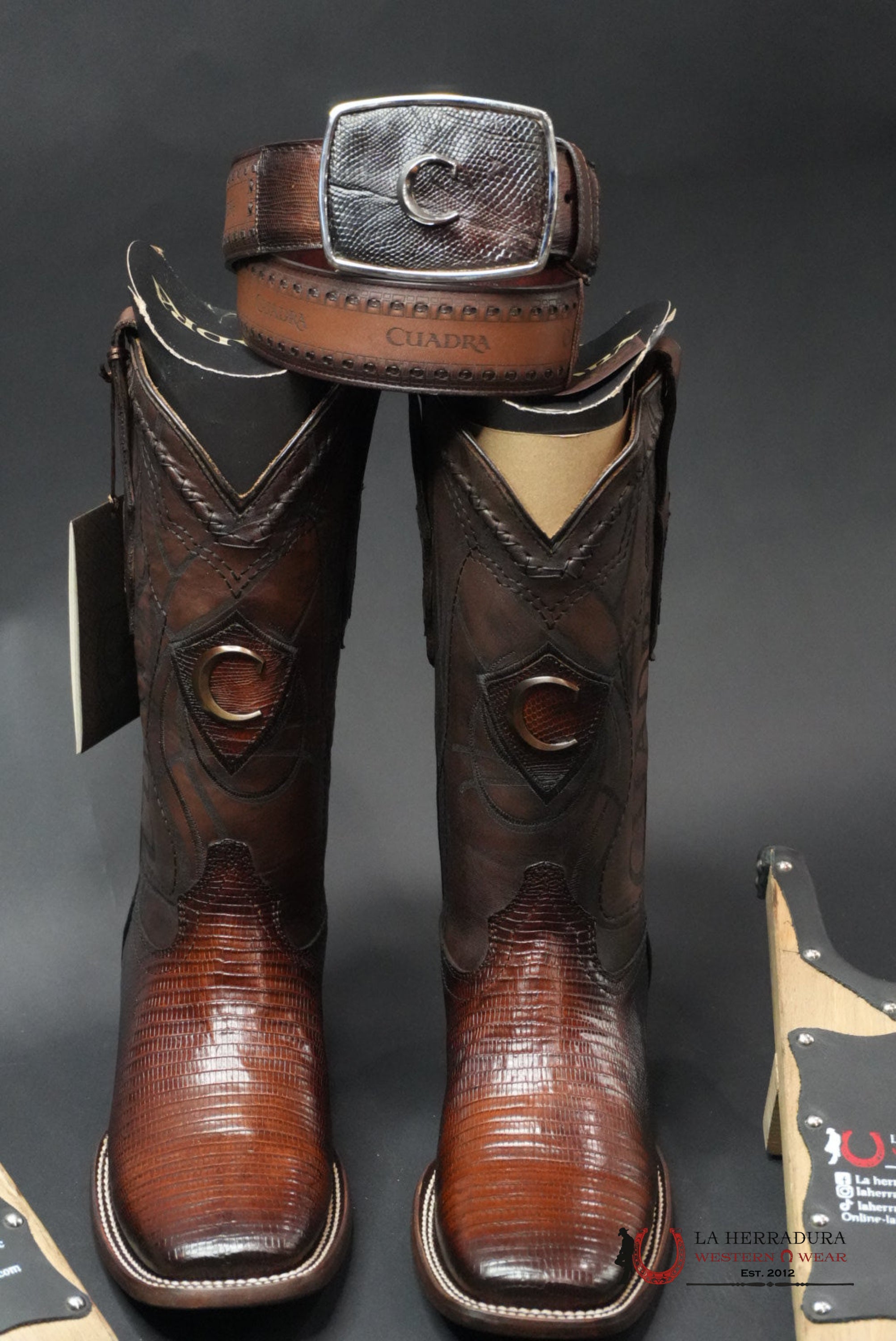 BOOTS CUADRA LIZARD TEJU ANTIQUE MIEL SQUARE TOE BOTAS HOMBRES