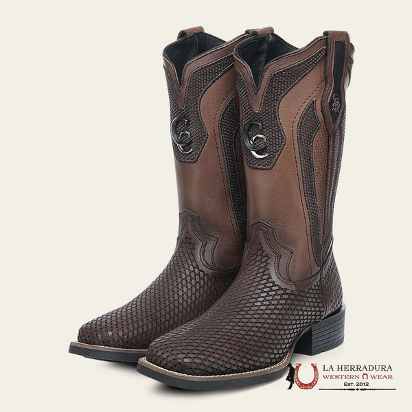 BOTAS CUADRA PIEL CRUST MIEL BORDADO LÁSER PUNTA CUADRADA CU984