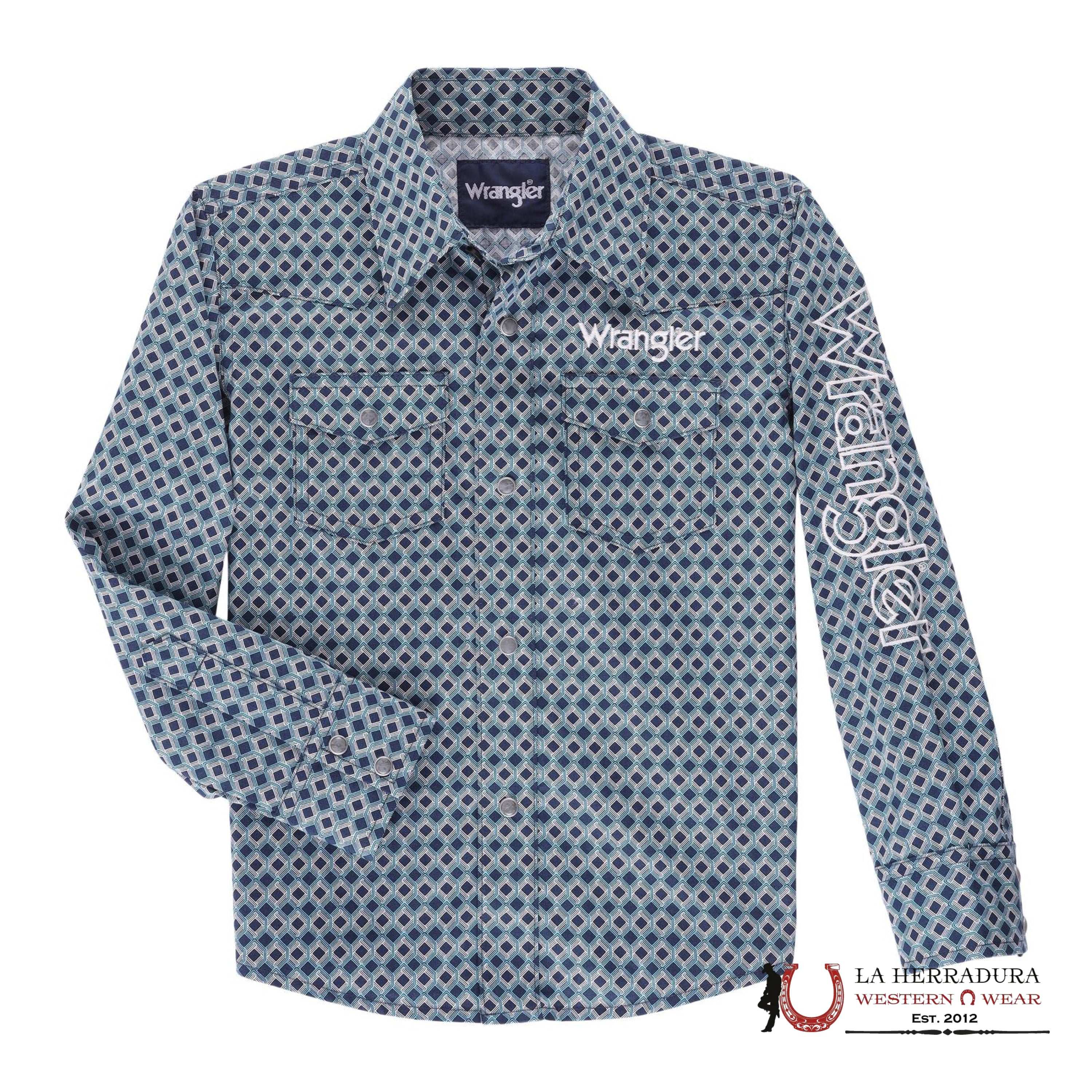 BOY’S WRANGLER LONG SLEEVE SHIRT NAVY/GREEN 112337437 NIÑOS