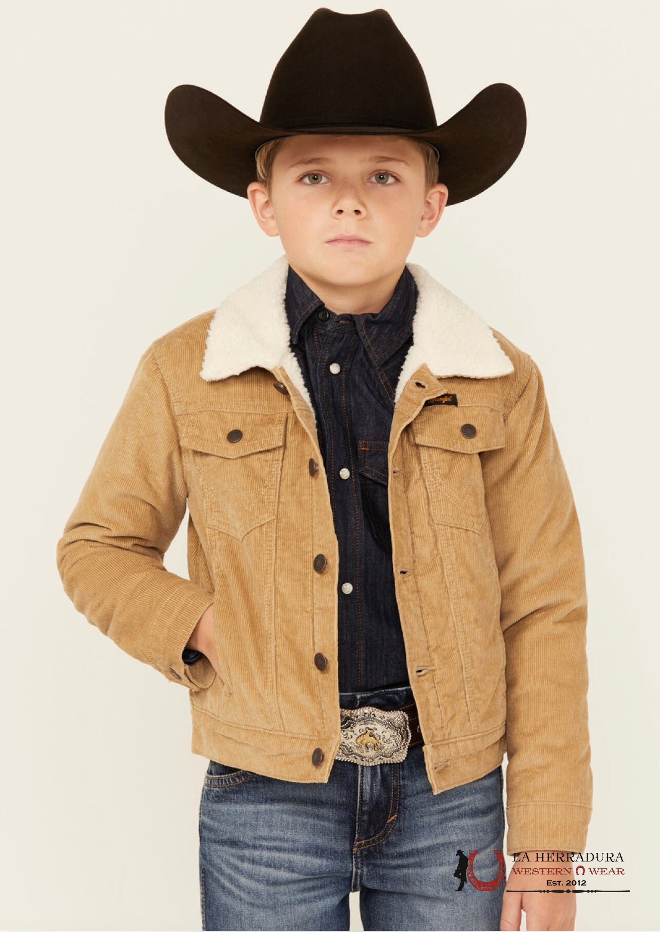 Boy’s Wrangler® Cowboy Cut® Sherpa Lined Corduroy Jacket In Wheat Niños