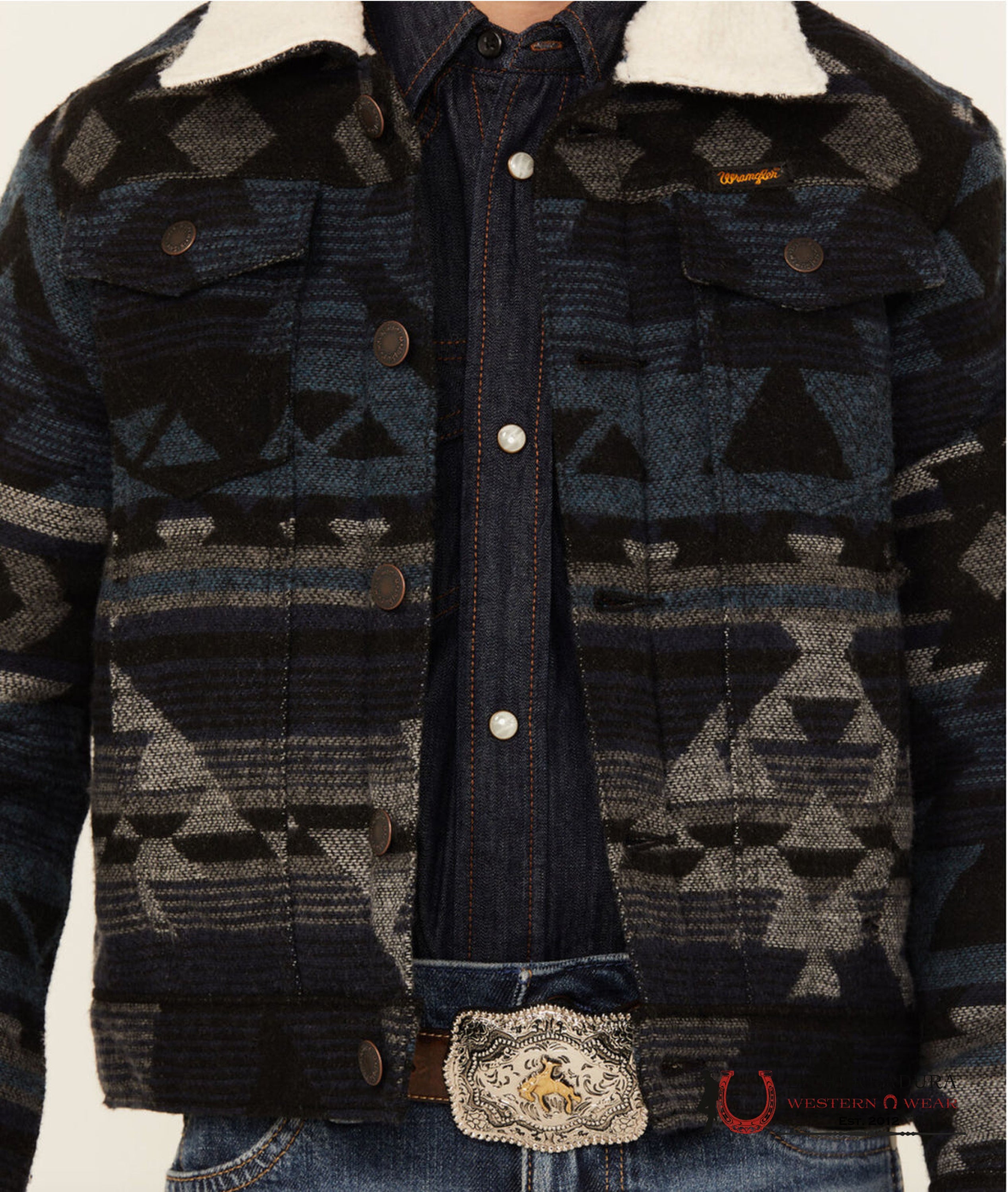 Boy’s Wrangler® Sherpa Lined Jacquard Print Jacket In Navy Waters Niños