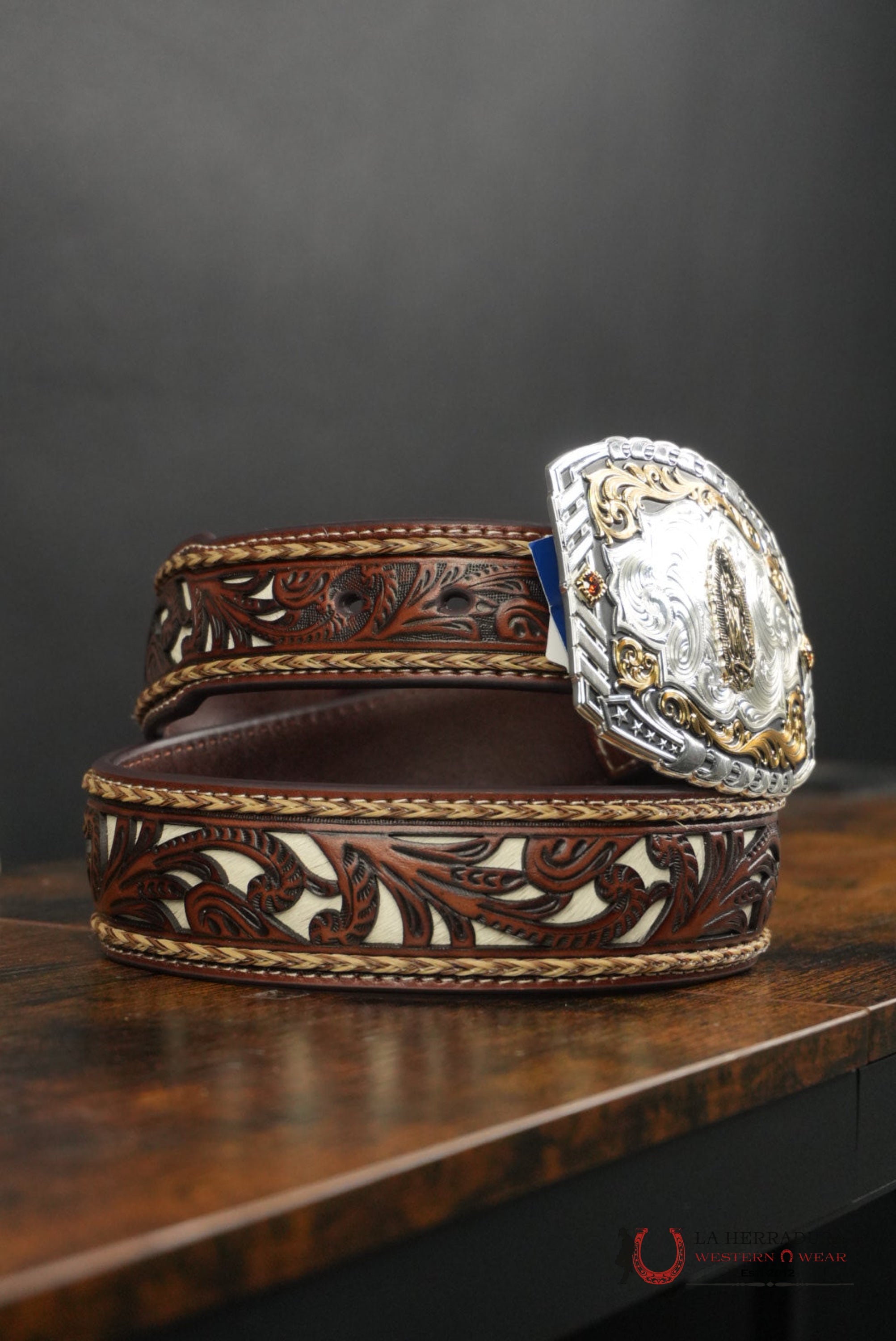 Brown Foral Belt With White CINTURONES HOMBRES