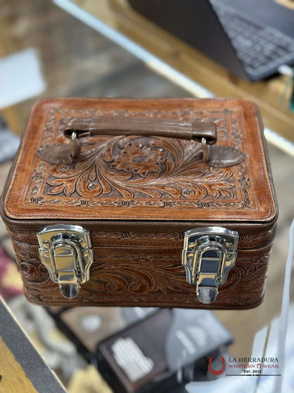BROWN HAND TOOLED JEWELRY BAG