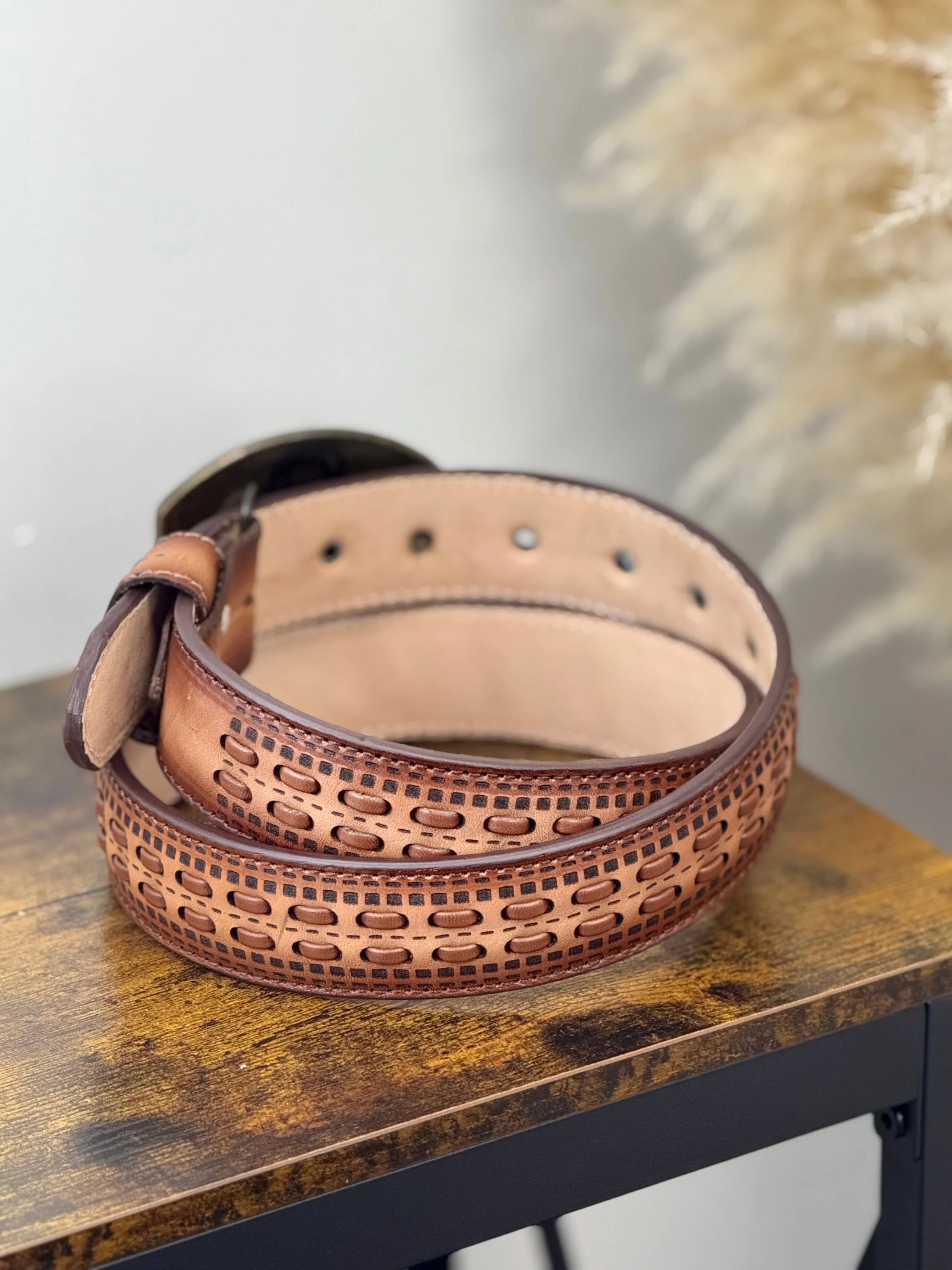 BROWN LASER WITH BLACK STITCHING MEN BELT CINTURONES HOMBRES