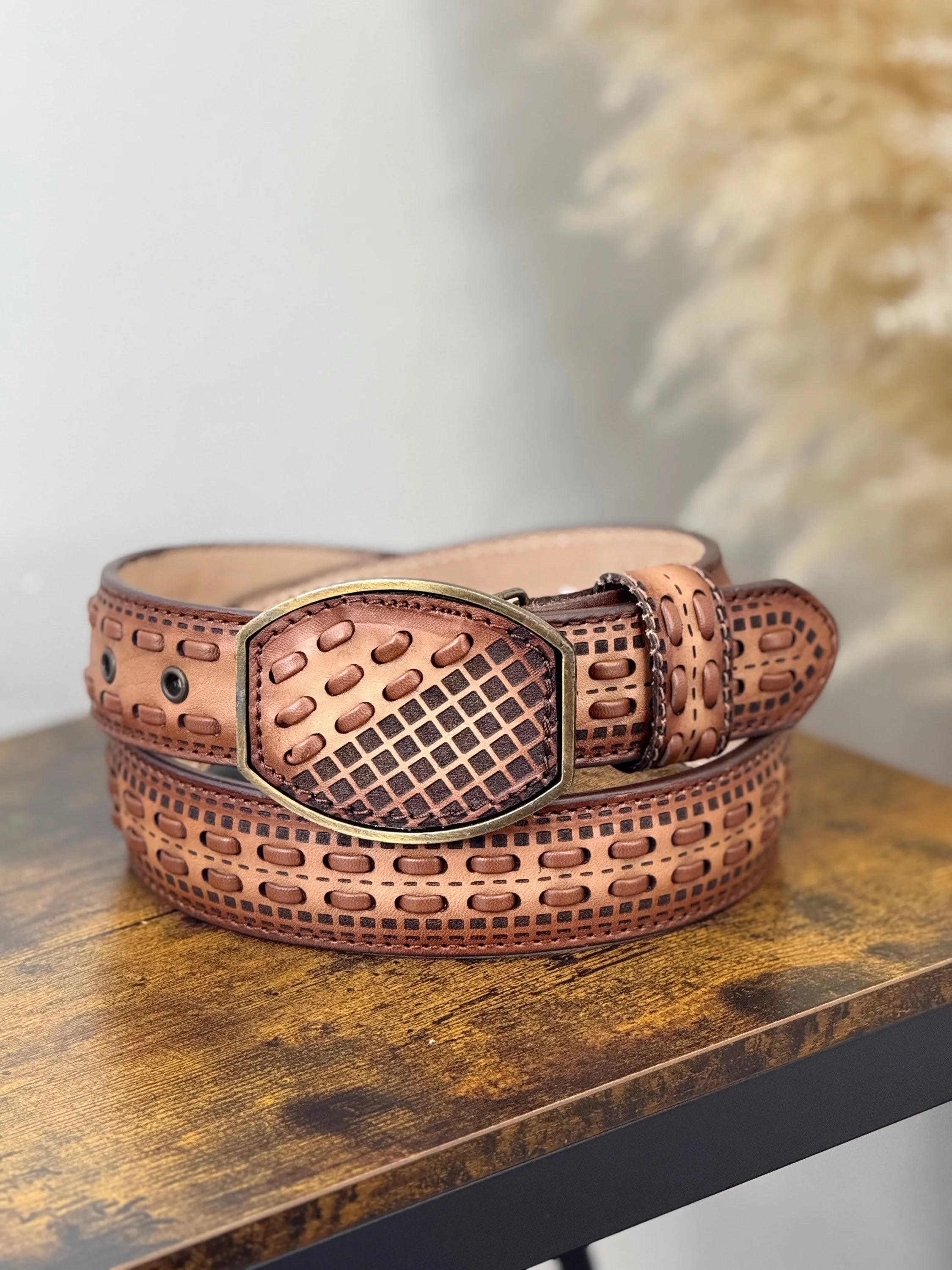 BROWN LASER WITH BLACK STITCHING MEN BELT CINTURONES HOMBRES