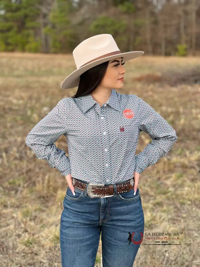 Camisa Para Mujeres Cinch Azul Circulos Cafes Ropa