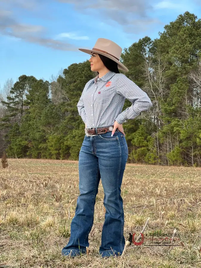 Camisa Para Mujeres Cinch Azul Circulos Cafes Ropa