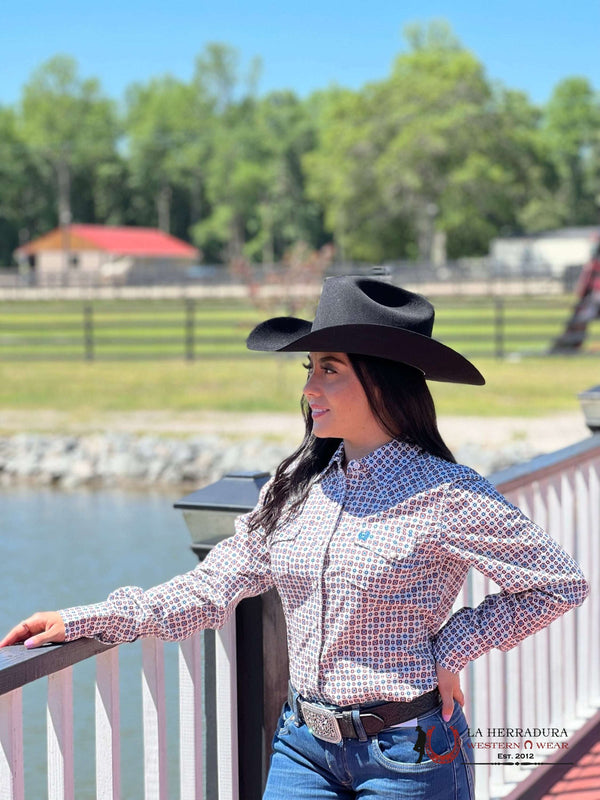 Women's Cinch White Brown Diamond Print Shirt MSW9201029
