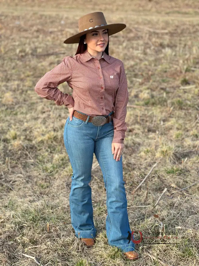 Camisa Para Mujeres Cinch Naranja Estampado Geometricas Ropa