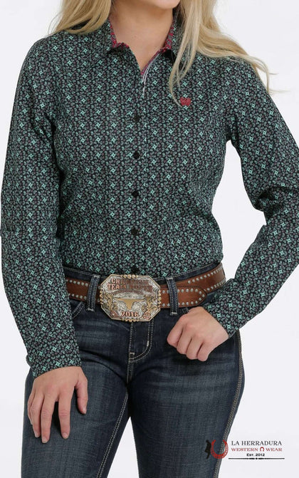 WOMEN SHIRT CINCH BLACK TURQUOISE MSW9165016