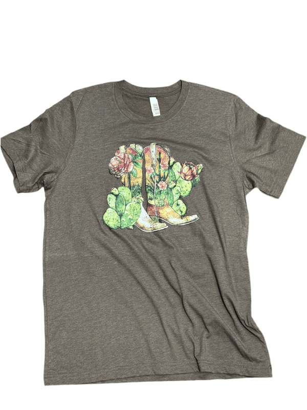 CAMISETA CANVAS BELLA PARA MUJER CON ESTAMPADO DE BOTAS Y FLORES MARRONES
