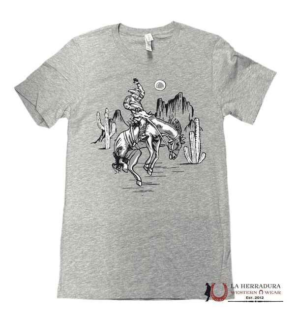 CAMISETA BELLA PARA MUJER GRIS JINETE BRONC EN EL DESIERTO