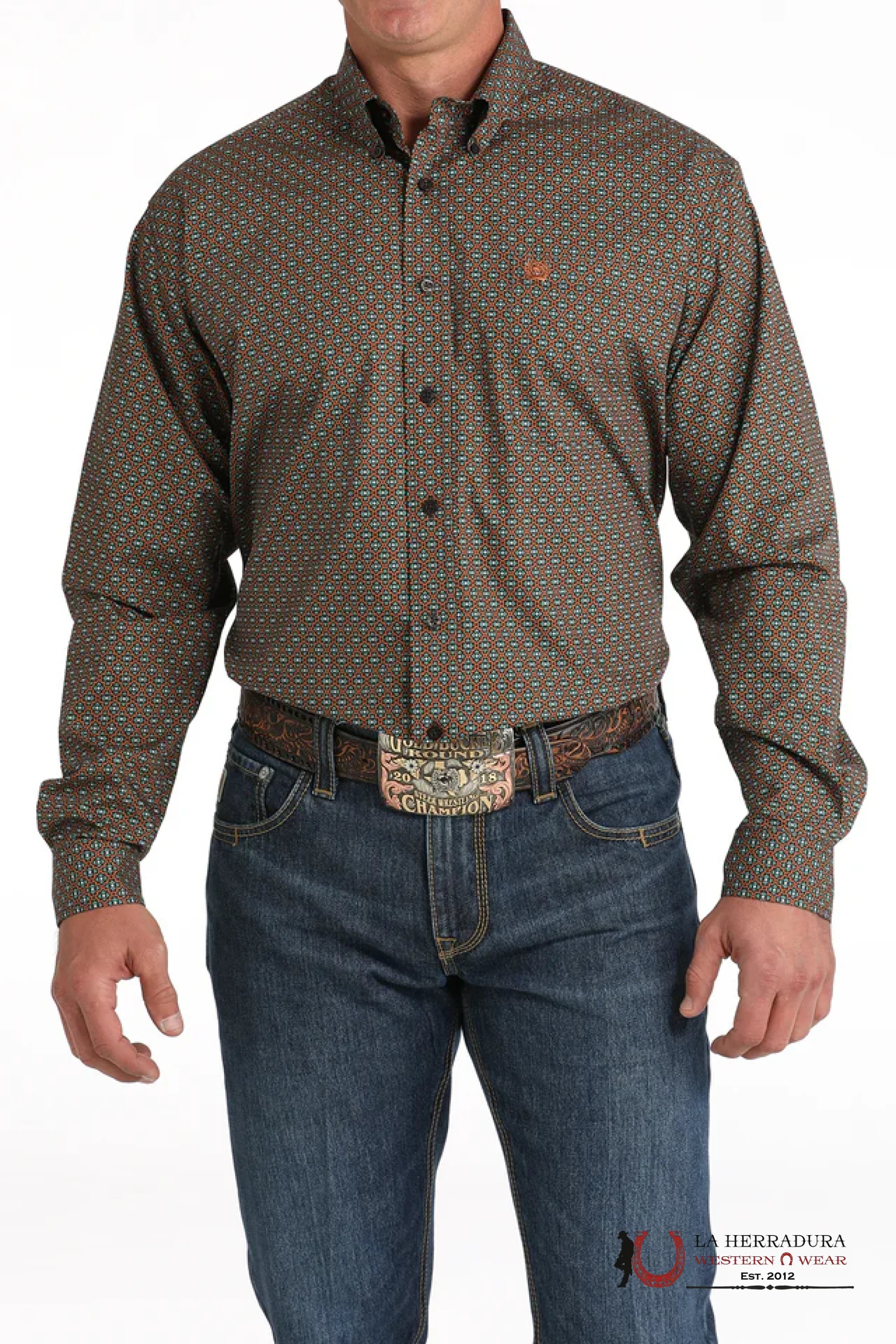 Cinch Brown Geometric Print Long Sleeve Shirt Ropa Hombres
