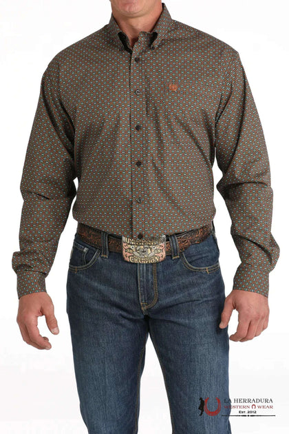 CINCH BROWN GEOMETRIC PRINT LONG SLEEVE SHIRT - MTW1105825