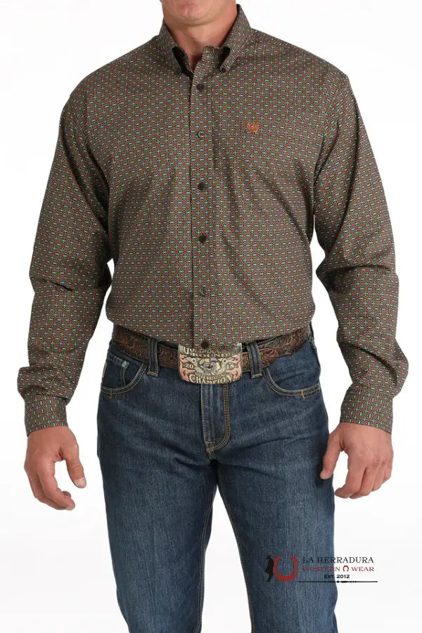 Cinch Brown Geometric Print Long Sleeve Shirt Ropa Hombres