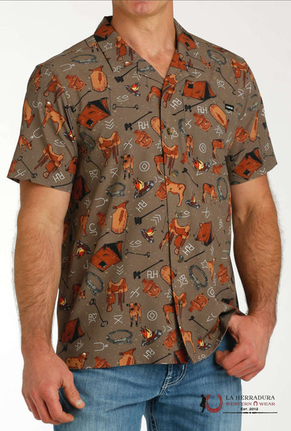 CINCH BROWN WESTERN PRINT V CUT BUTTON UP SHORT SLEEVE MTW1401045