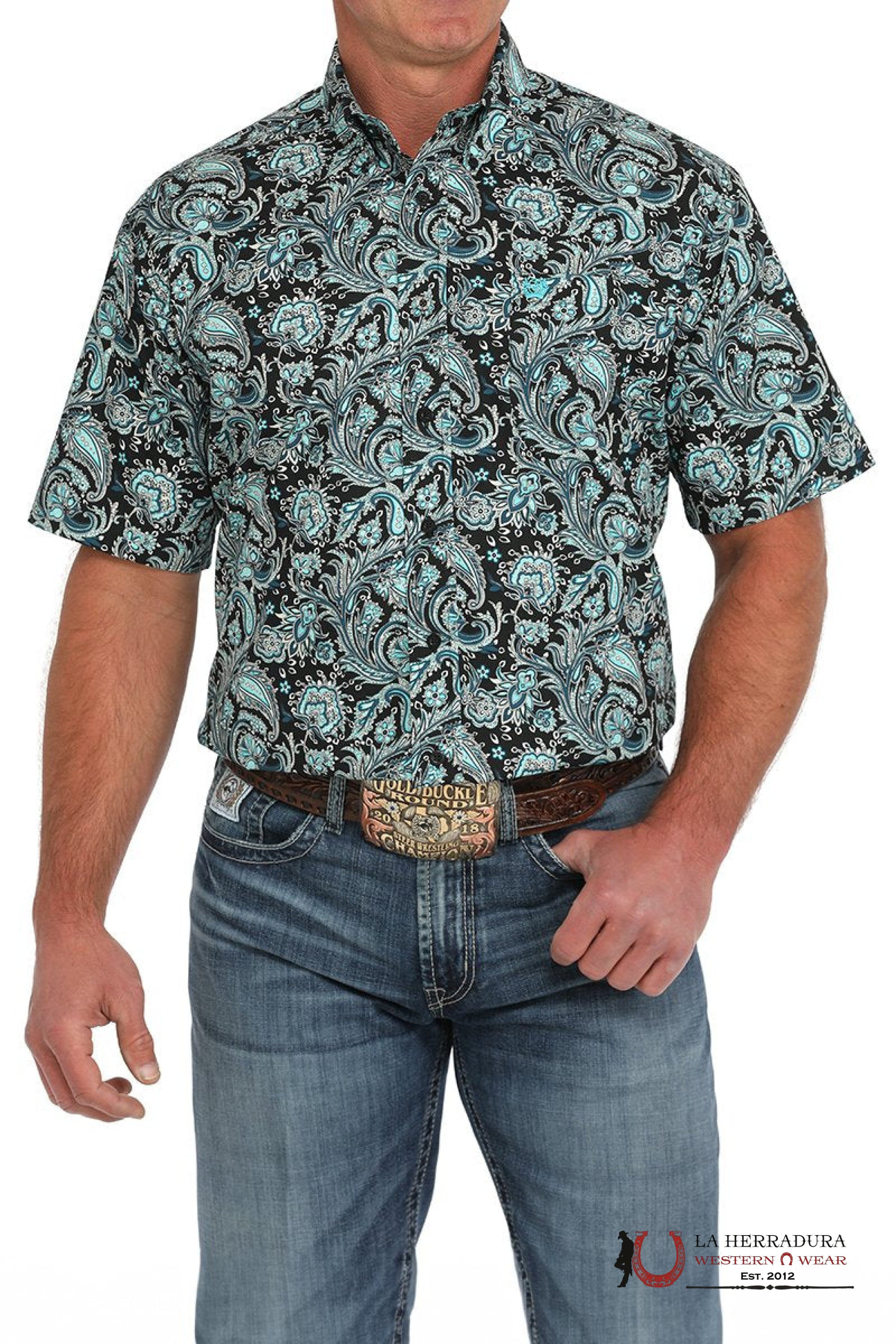 Cinch Men’s Black With Blue Floral Print Short Sleeve Shirt - 1480 ROPA HOMBRES