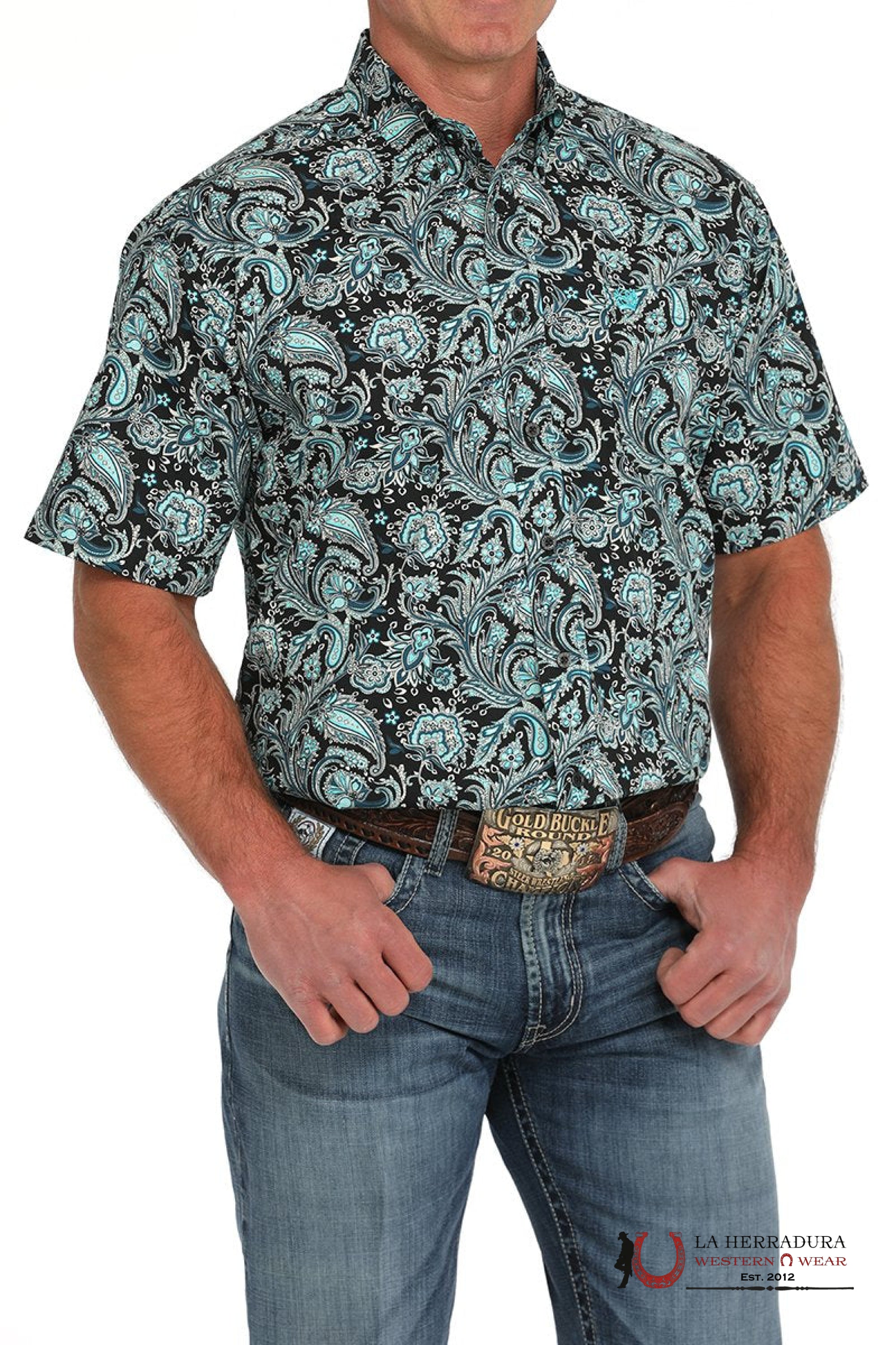 Cinch Men’s Black With Blue Floral Print Short Sleeve Shirt - 1480 ROPA HOMBRES