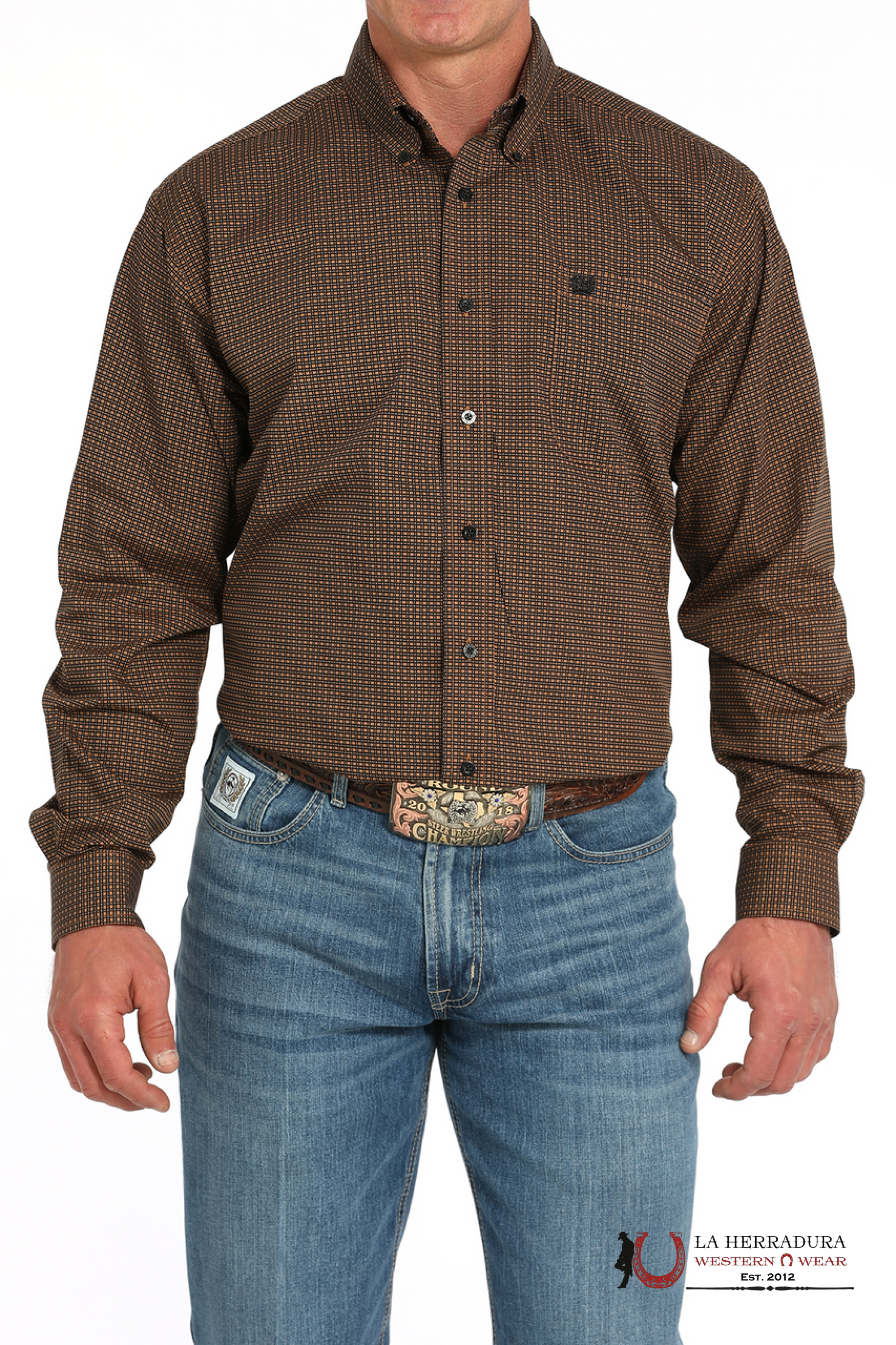CINCH MEN’S BOTTON DOWN LONG SLEEVE BRWON WITH BLACK SQUARES MTW1105942 ROPA HOMBRES