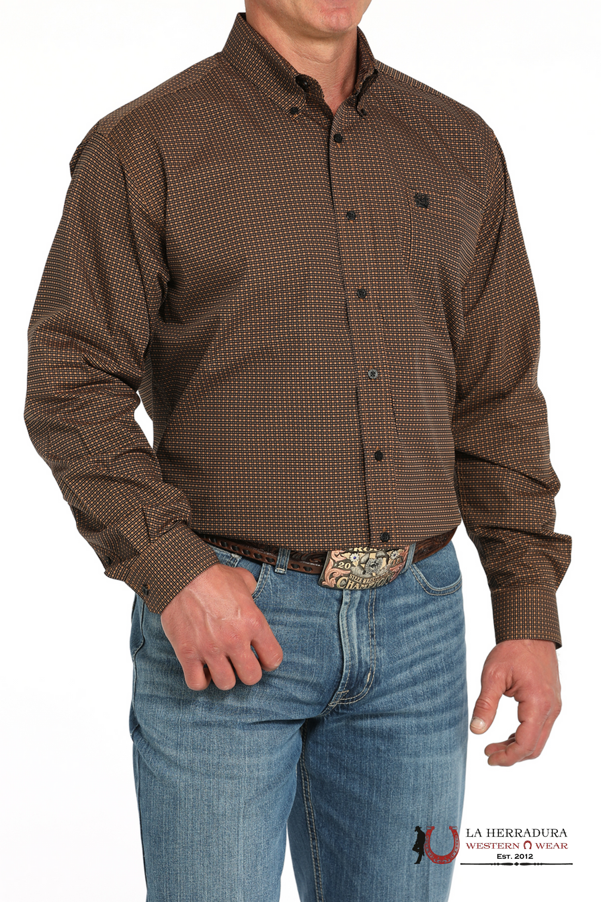 CINCH MEN’S BOTTON DOWN LONG SLEEVE BRWON WITH BLACK SQUARES MTW1105942 ROPA HOMBRES