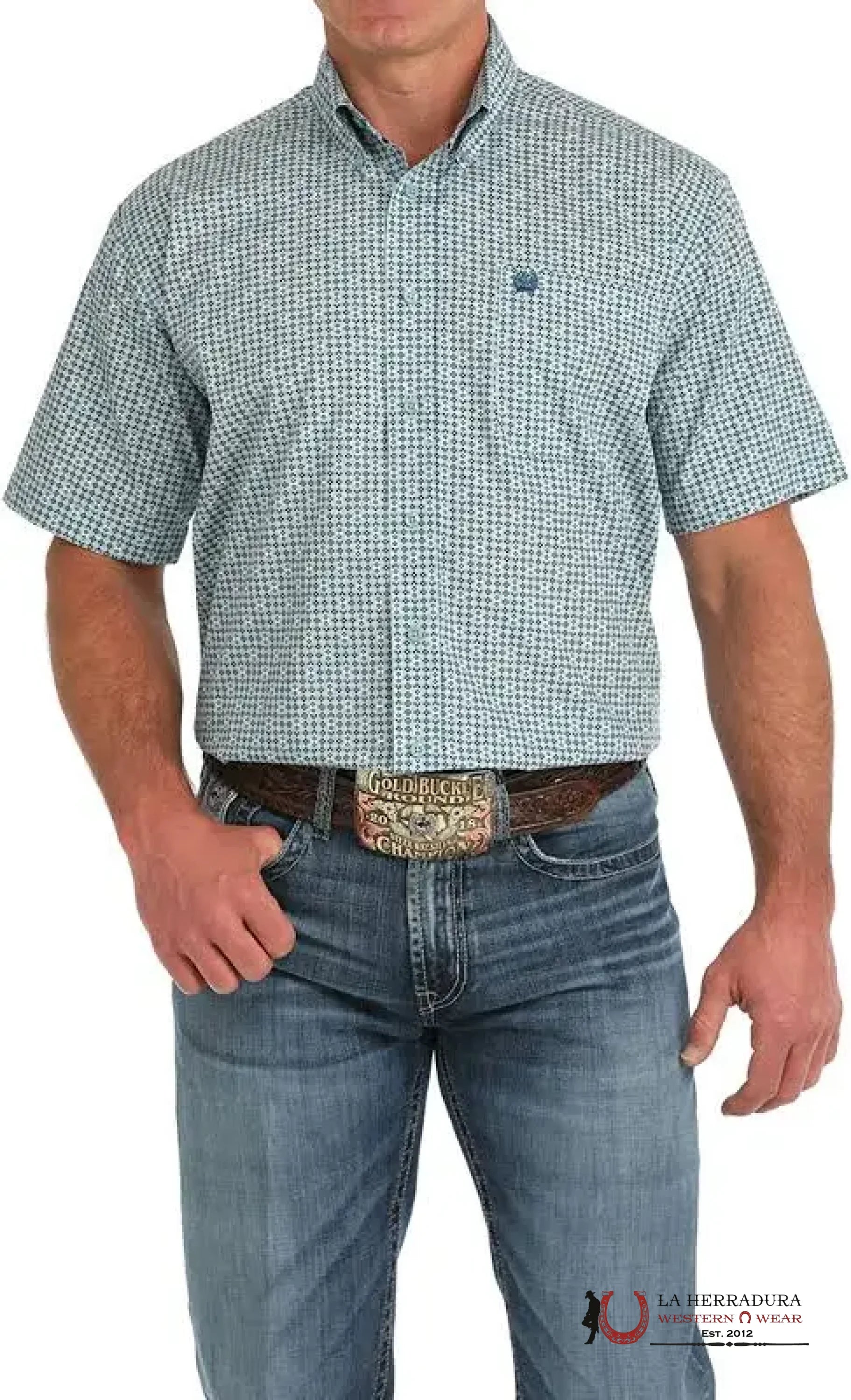 CINCH MENS BUTTON DOWN GREEN SHORT SLEEVE WITH WESTERN PRINT - 1475 ROPA HOMBRES