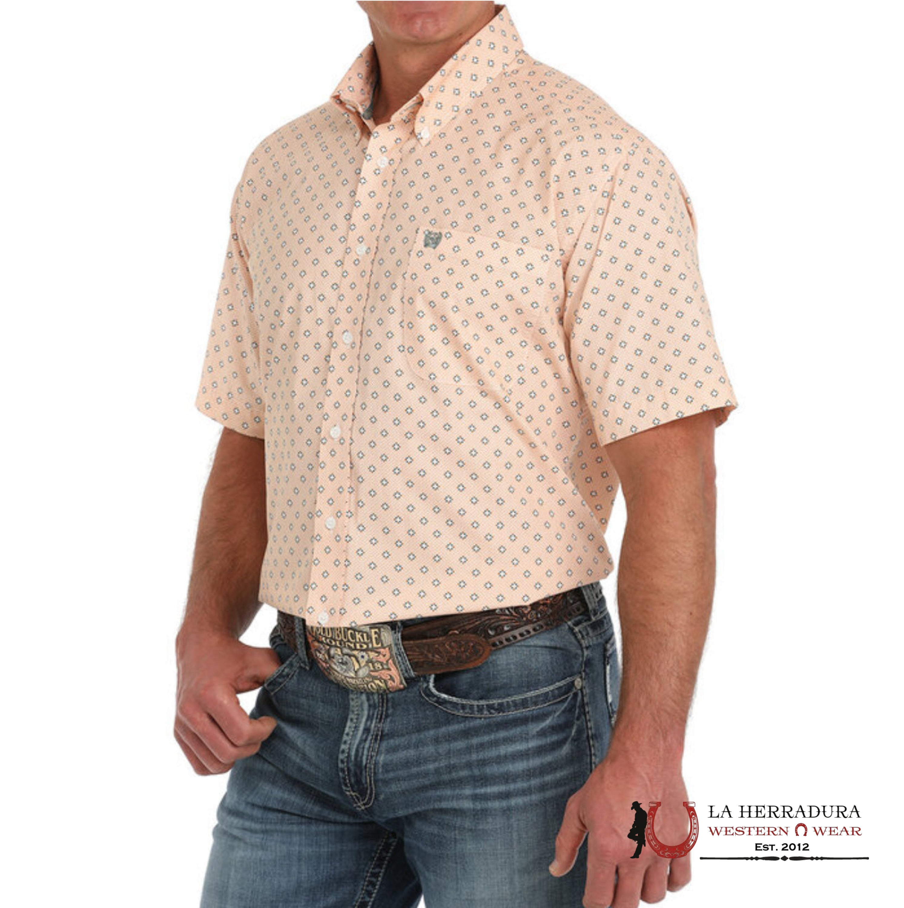 CINCH MENS BUTTON DOWN ORANGE SHORT SLEEVE WITH WESTERN PRINT - 1473 ROPA HOMBRES