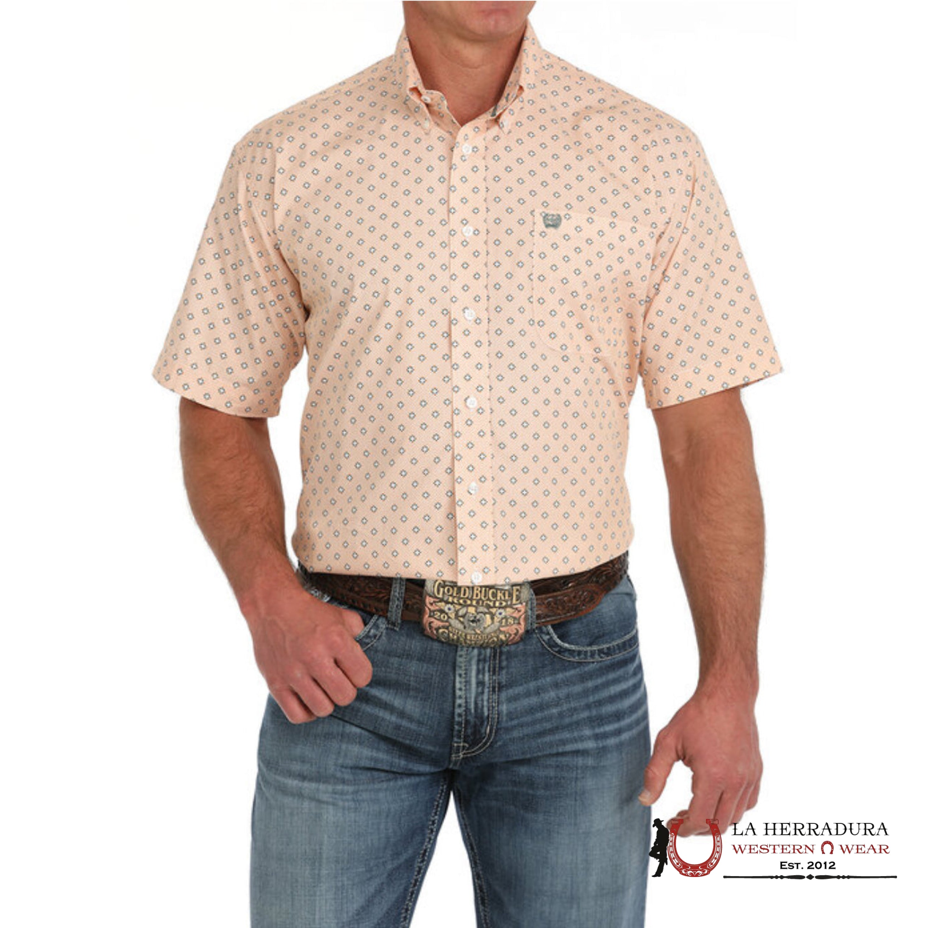 CINCH MENS BUTTON DOWN ORANGE SHORT SLEEVE WITH WESTERN PRINT - 1473 ROPA HOMBRES