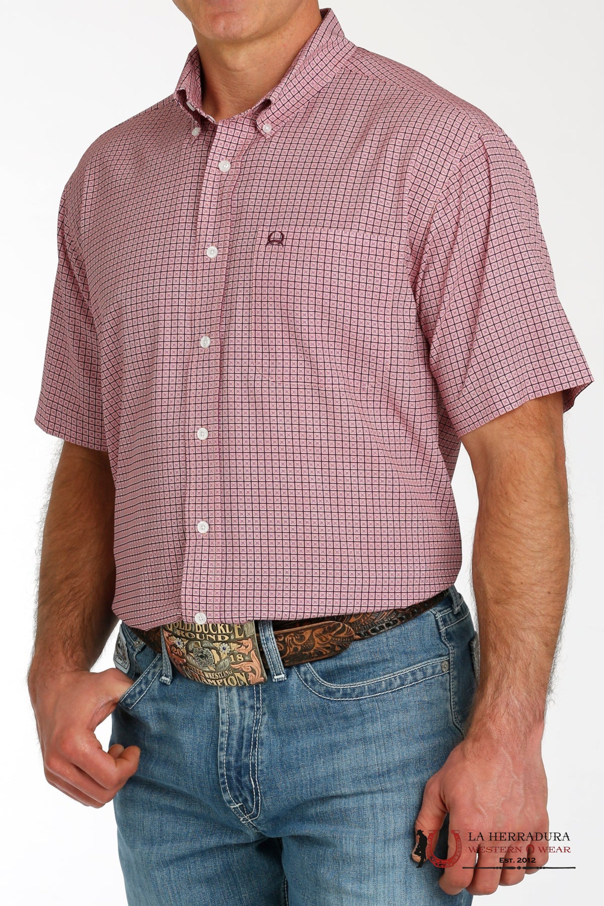 CINCH MENS BUTTON DOWN PINK SHORT SLEEVE WITH WESTERN PRINT - MTW1704142 ROPA HOMBRES