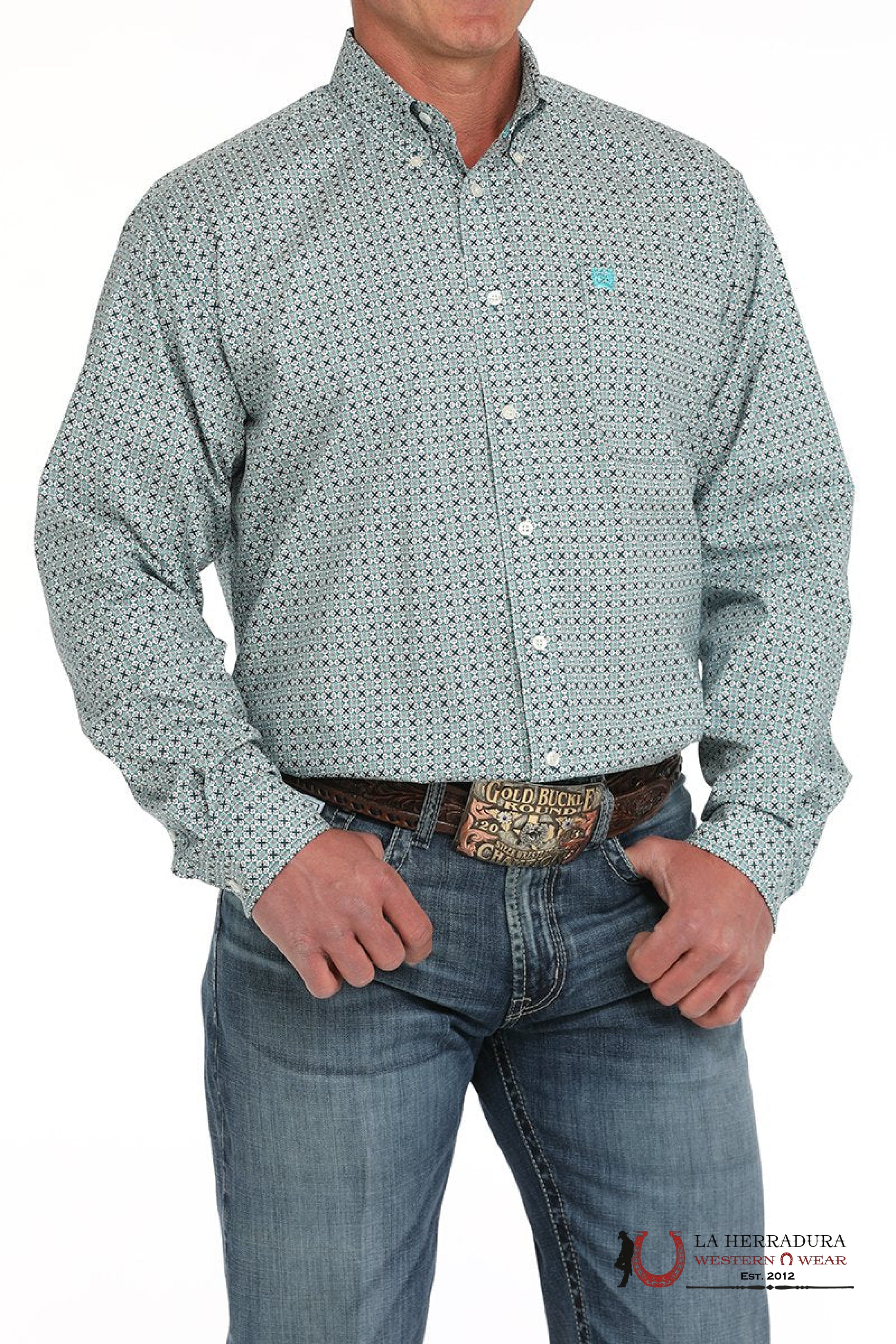 Cinch Men’s Cream Blue With Floral Print Long Sleeve Shirt - 5901 ROPA HOMBRES