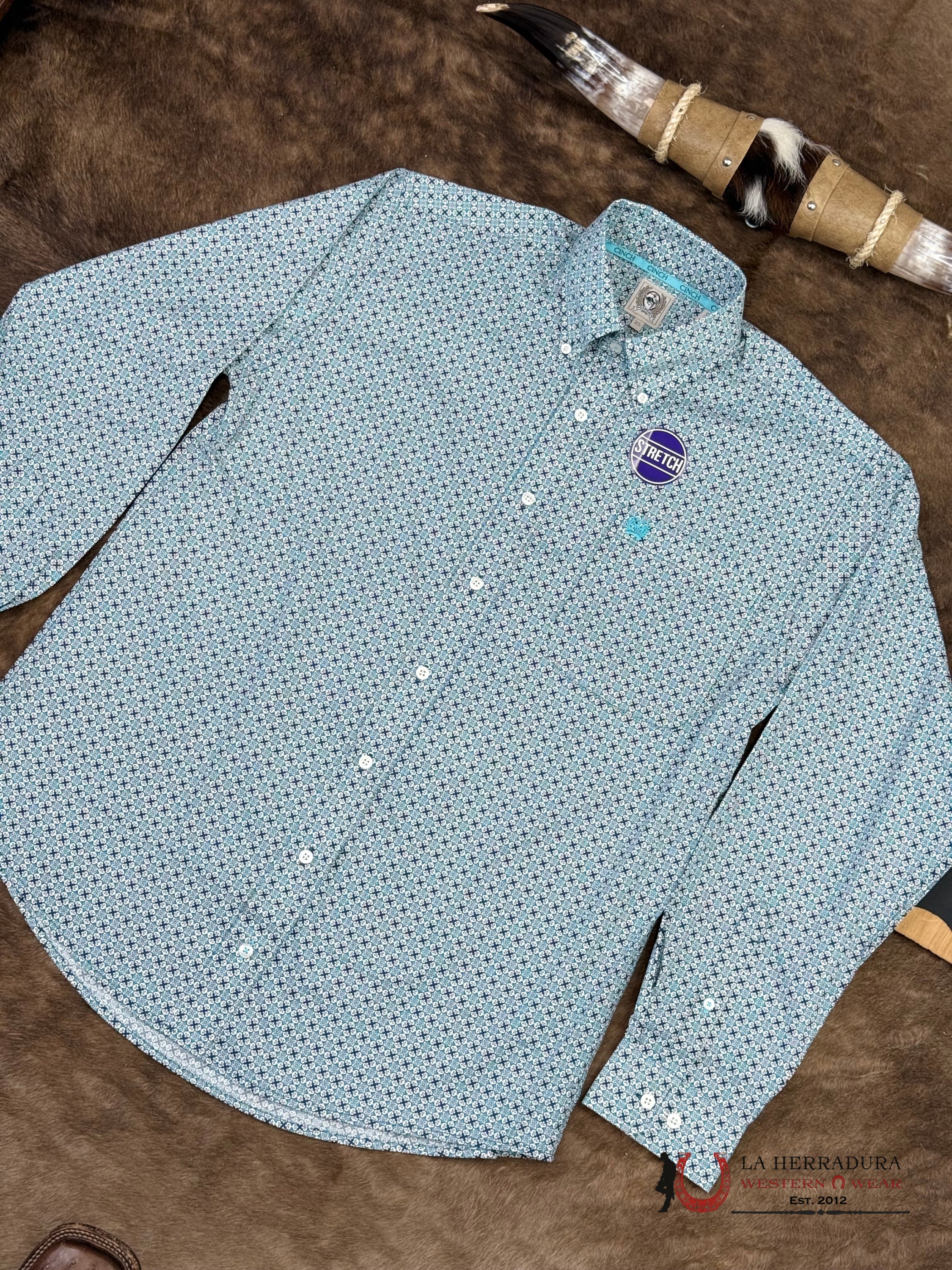 Cinch Men’s Cream Blue With Floral Print Long Sleeve Shirt - 5901 ROPA HOMBRES