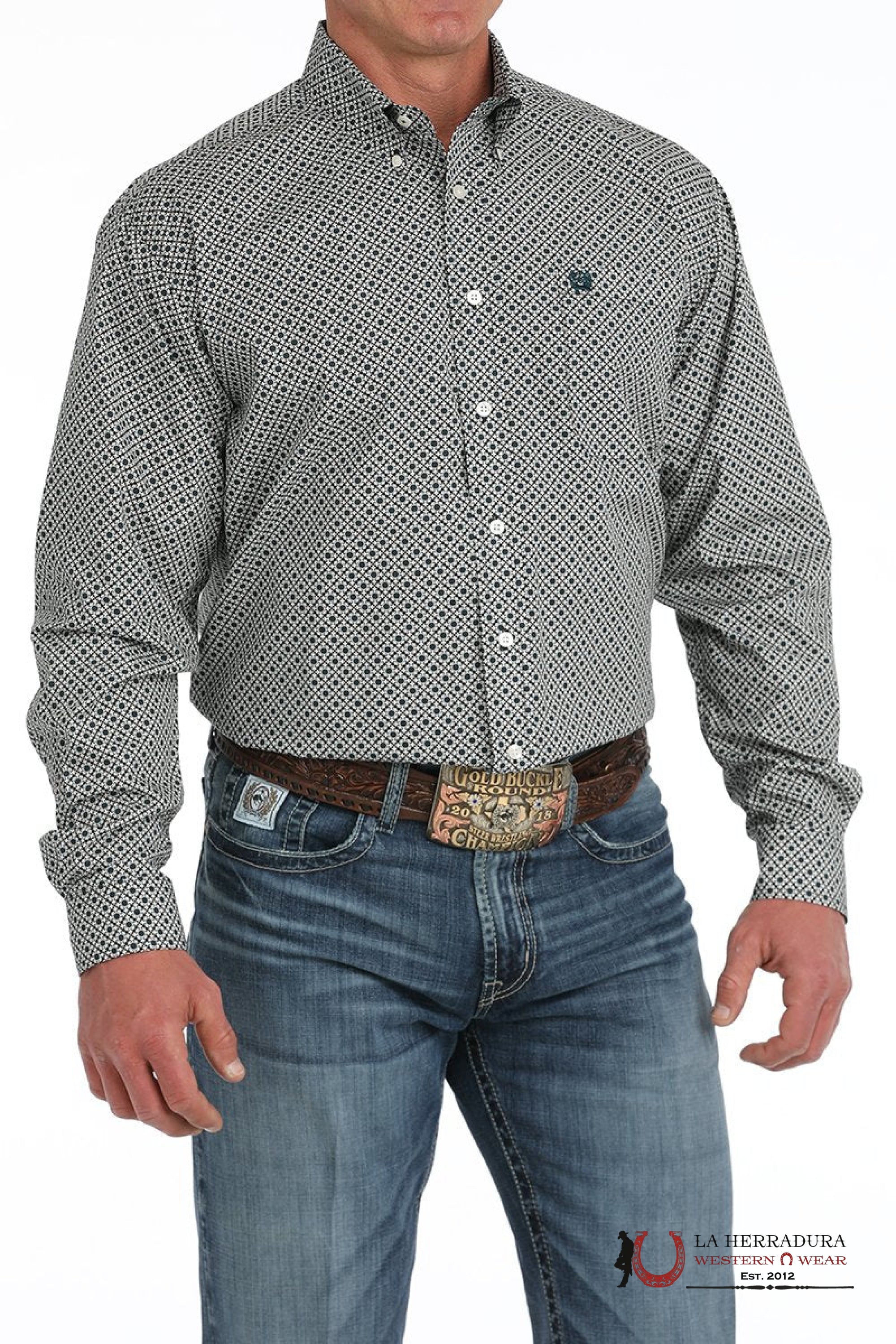 Cinch Men’s Cream With Dark Blue With Floral Print Long Sleeve Shirt - 5909 ROPA HOMBRES