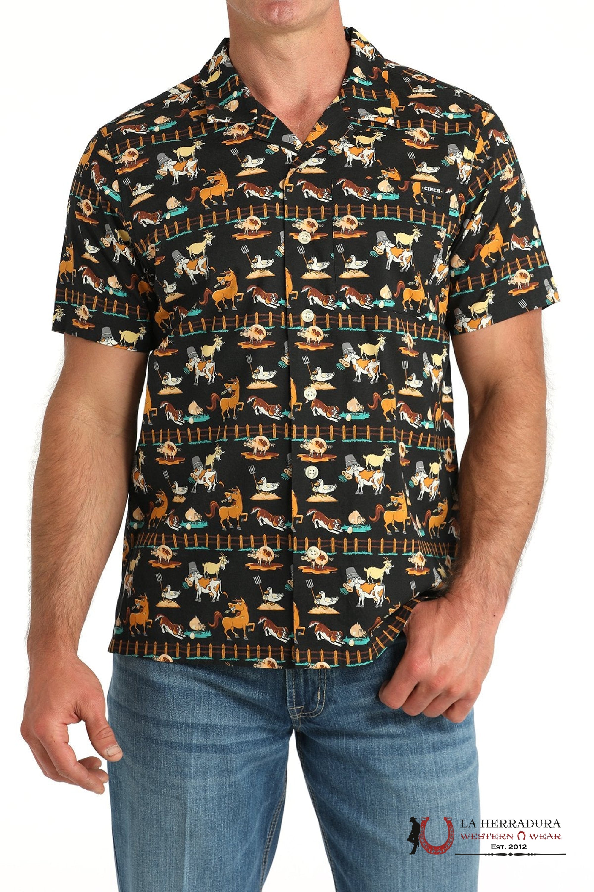 CINCH MEN’S FUNNY FARM CAMP SHIRT - BLACK MTW1401051 ROPA HOMBRES