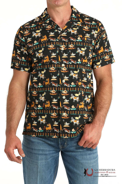 CINCH MEN'S FUNNY FARM CAMP SHIRT - BLACK MTW1401051