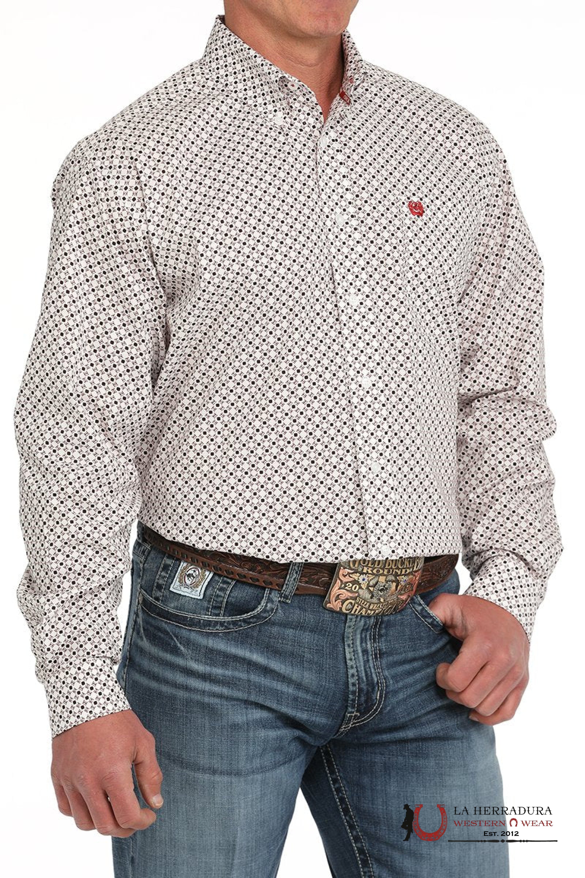 Cinch Men’s Geometric Print Button-Down Western Shirt- White - 5868 Ropa Hombres