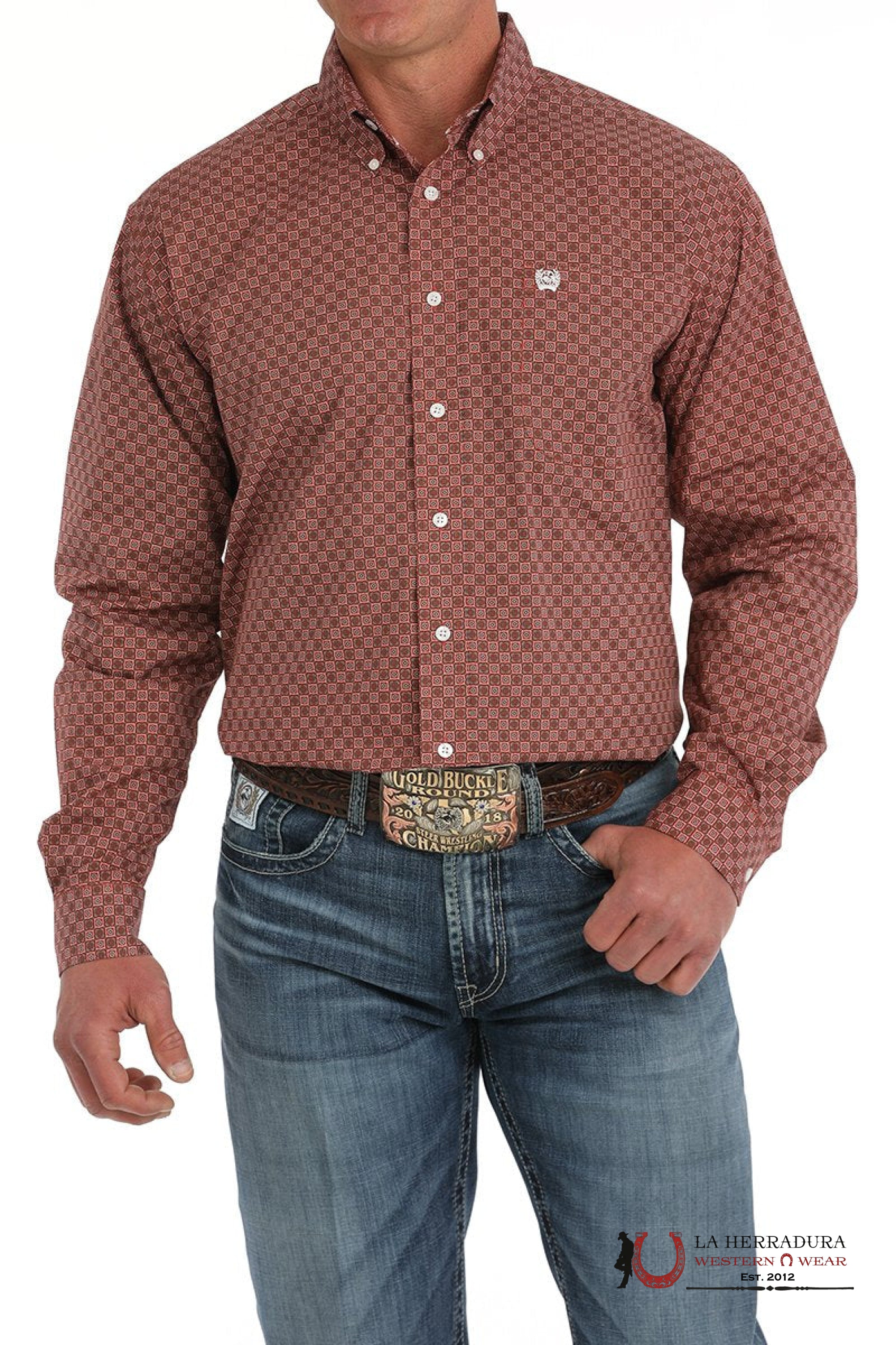 Cinch Men’s Medallion Print Button Down Western Shirt Red - 5872 Ropa Hombres
