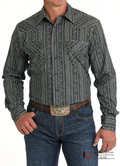 CINCH MEN'S MODERN FIT GEOMETRIC PRINT BUTTON DOWN WESTERN SHIRT BLACK MTW1301076