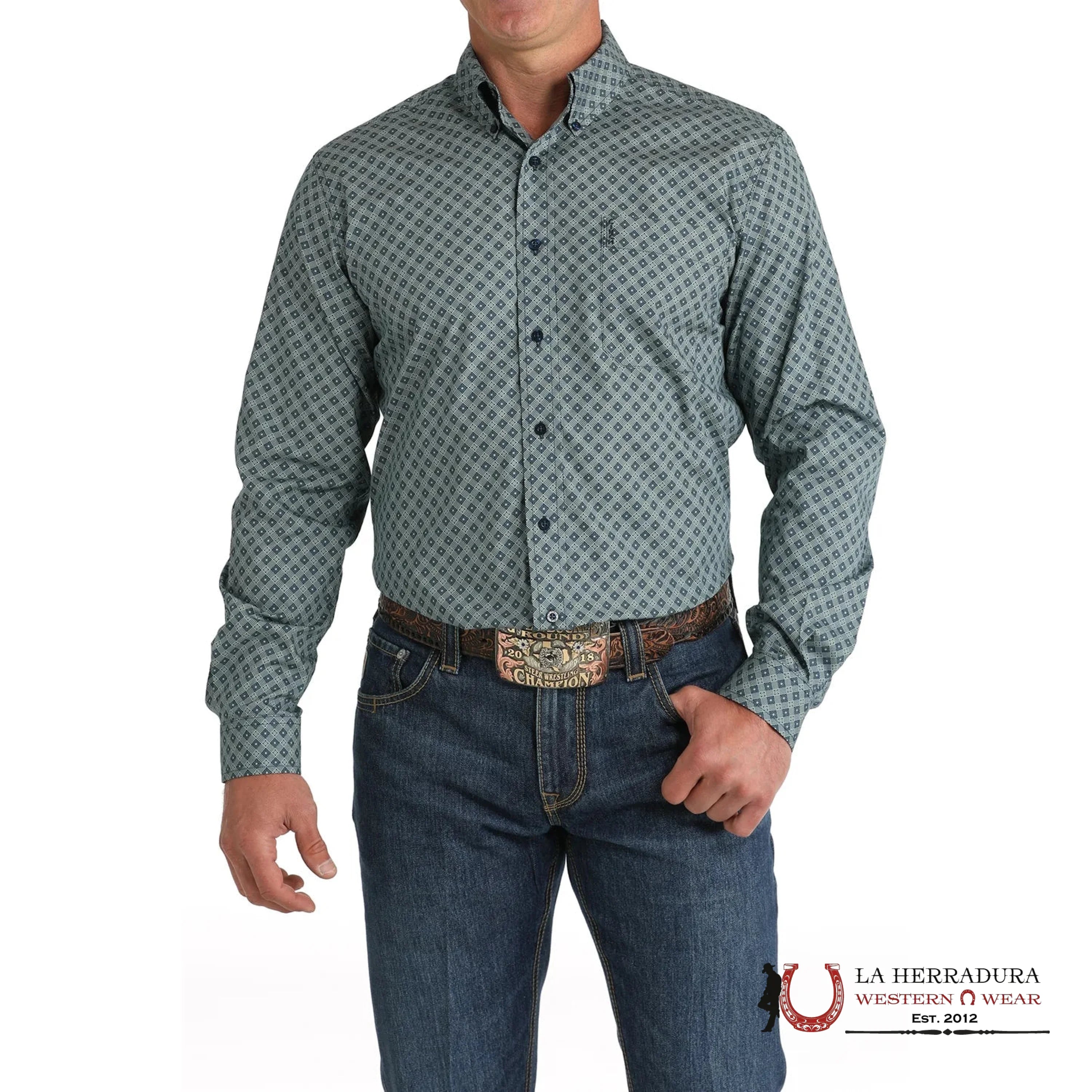 CINCH MEN’S MODERN FIT GEOMETRIC PRINT BUTTON-DOWN WESTERN SHIRT - GRAY/NAVY BLUE MTW1347112 ROPA HOMBRES