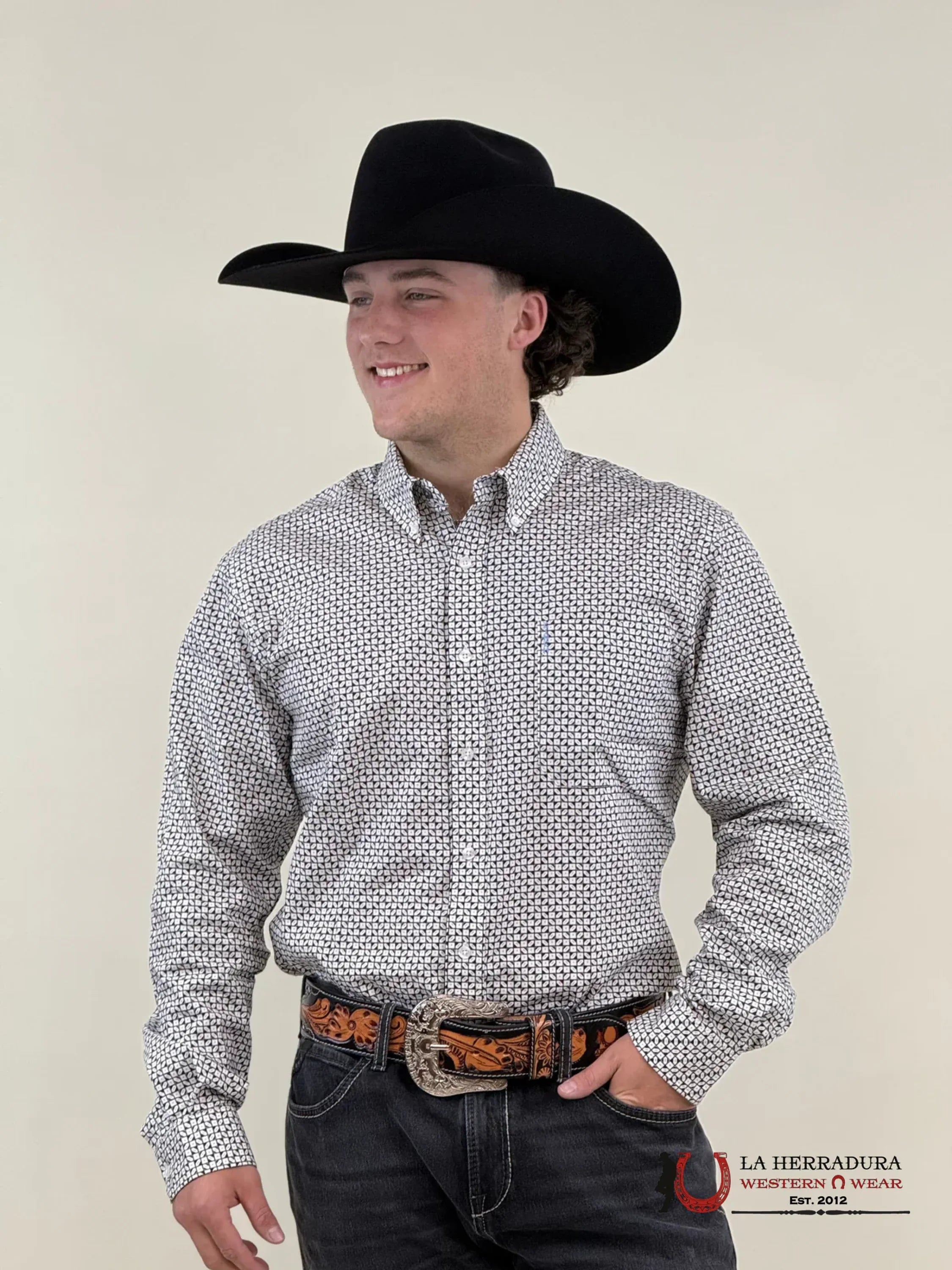 CINCH MEN’S MODERN FIT GEOMETRIC PRINT BUTTON-DOWN WESTERN SHIRT - WHITE/BLACK MTW1347108 ROPA HOMBRES