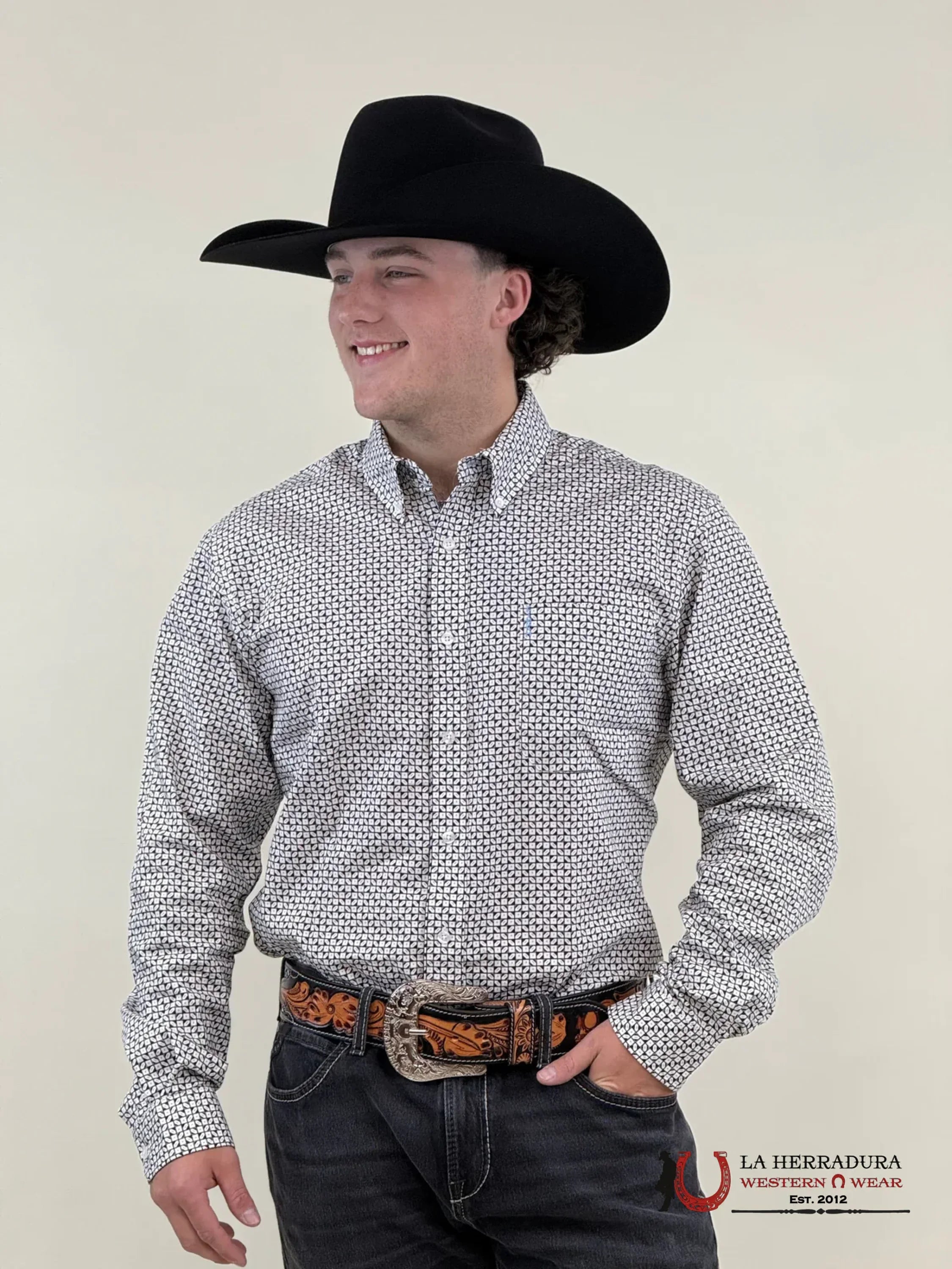 CINCH MEN’S MODERN FIT GEOMETRIC PRINT BUTTON-DOWN WESTERN SHIRT - WHITE/BLACK MTW1347108 ROPA HOMBRES