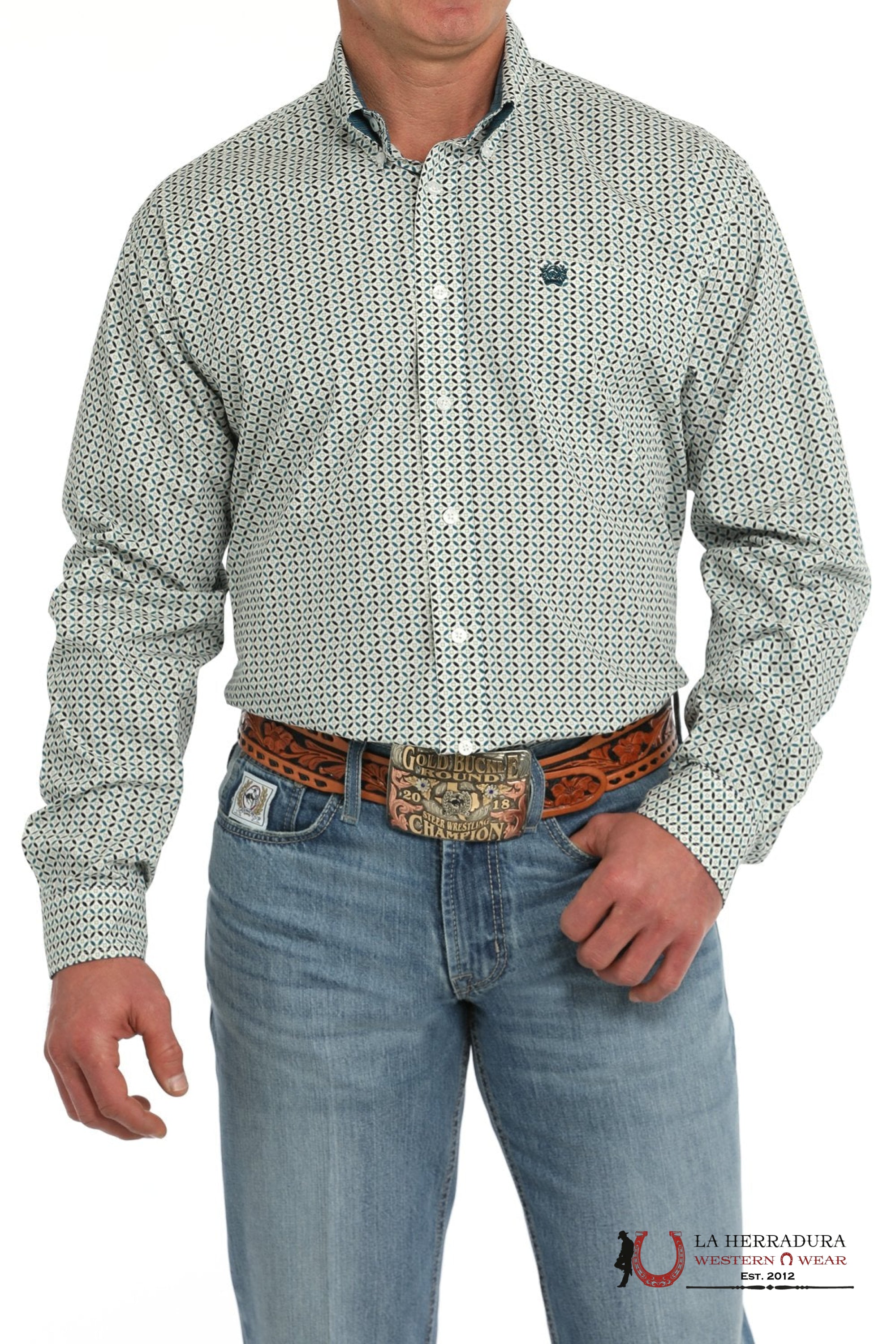 CINCH MEN’S MODERN FIT GEOMETRIC PRINT BUTTON-DOWN WESTERN SHIRT - WHITE/GREEN MTW1105863 ROPA HOMBRES