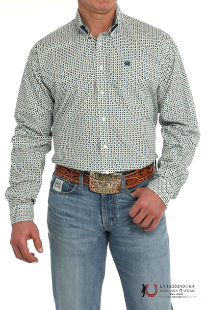 CINCH MEN'S MODERN FIT GEOMETRIC PRINT BUTTON-DOWN WESTERN SHIRT - WHITE/GREEN  MTW1105863