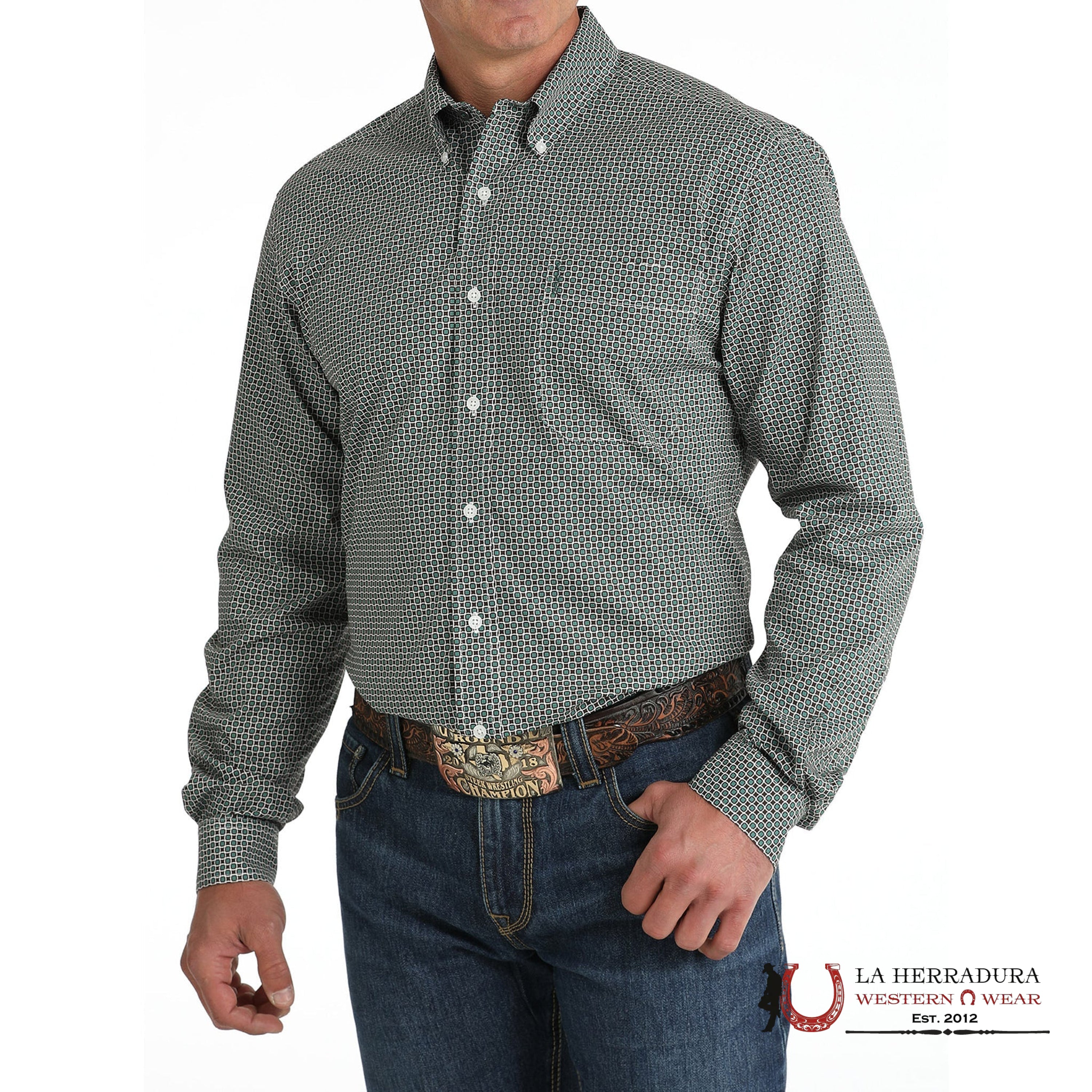 CINCH MEN’S MODERN FIT SQUARE PRINT BUTTON-DOWN WESTERN SHIRT - GREEN MTW1347115 ROPA HOMBRES